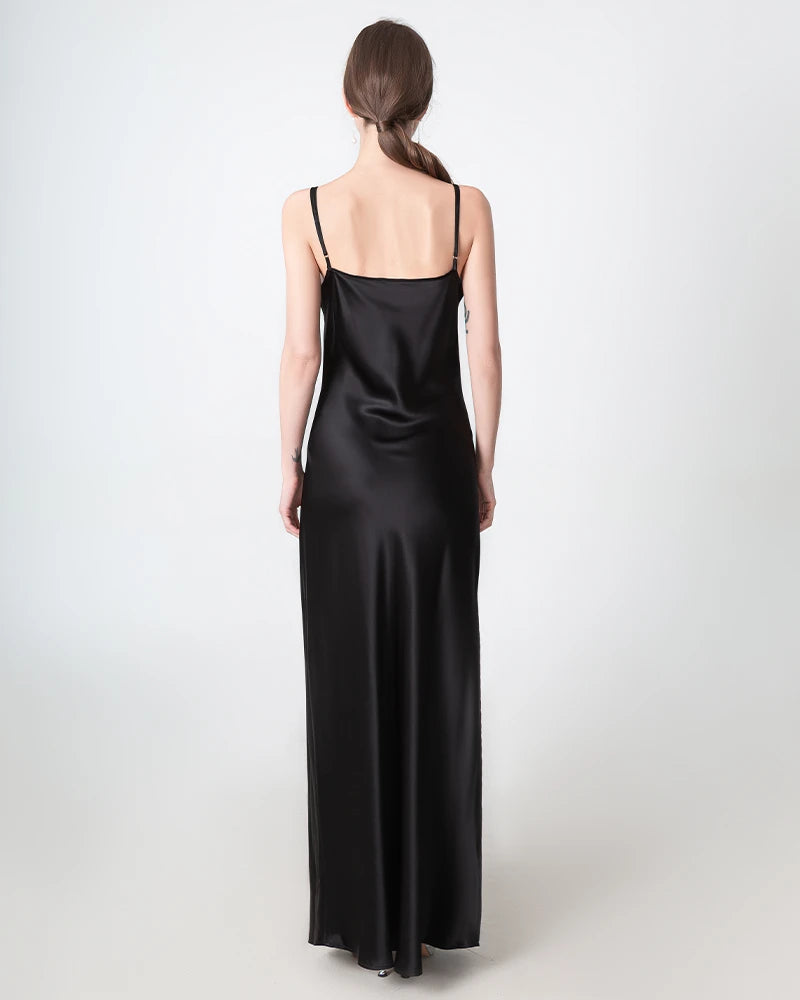 Elegant Slit V-Neck Maxi Silk Dress for Women - Flowy Long Formal Evening Gown - Perfect for Weddings, Parties & Special Occasions