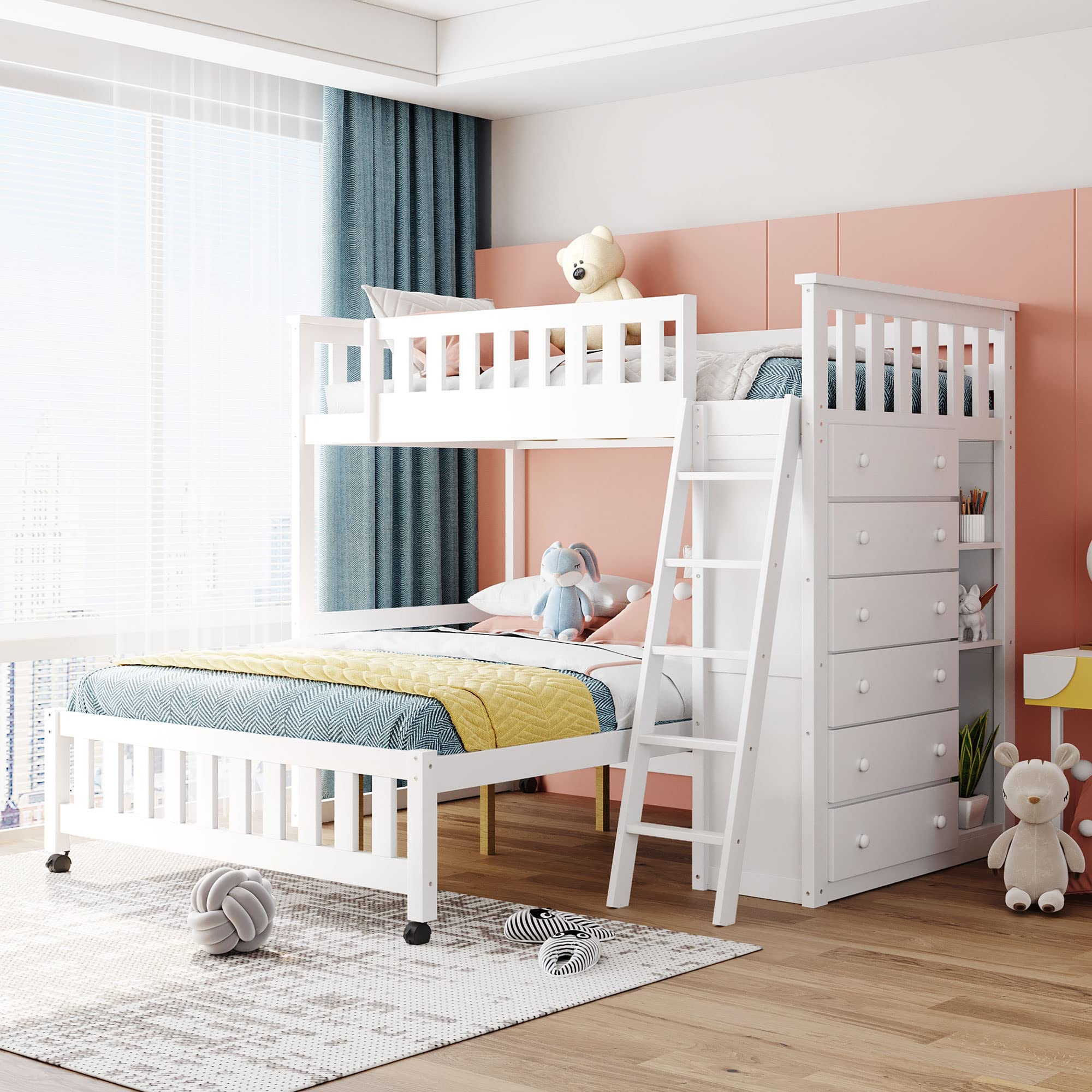 Harper & Bright Designs Twin Over Full Bunk Bed with 6 Drawers & Shelves - Wooden Bunk Bed Frame with Wheels, Space-Saving Kids Bedroom Furniture (White, Twin/Full) - Perfect for Small Rooms, Shared Kids Bedrooms & Guest Rooms