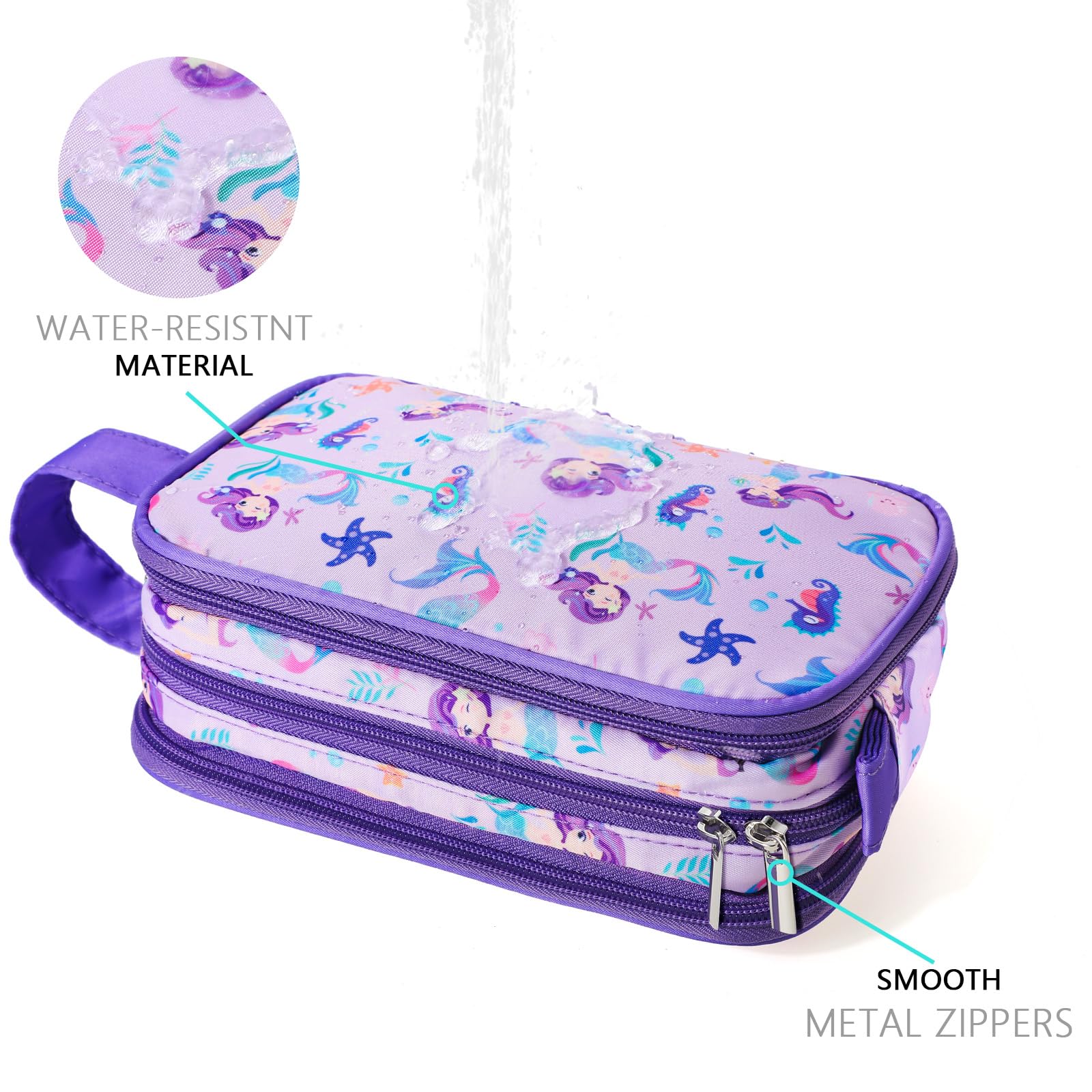 Waterproof Hanging Toiletry Bag for Girls - Kids Travel Cosmetic & Makeup Organizer, Toddler Wash Bag with Mermaid Design (Purple) - Perfect for School Trips, Sleepovers & Family Vacations