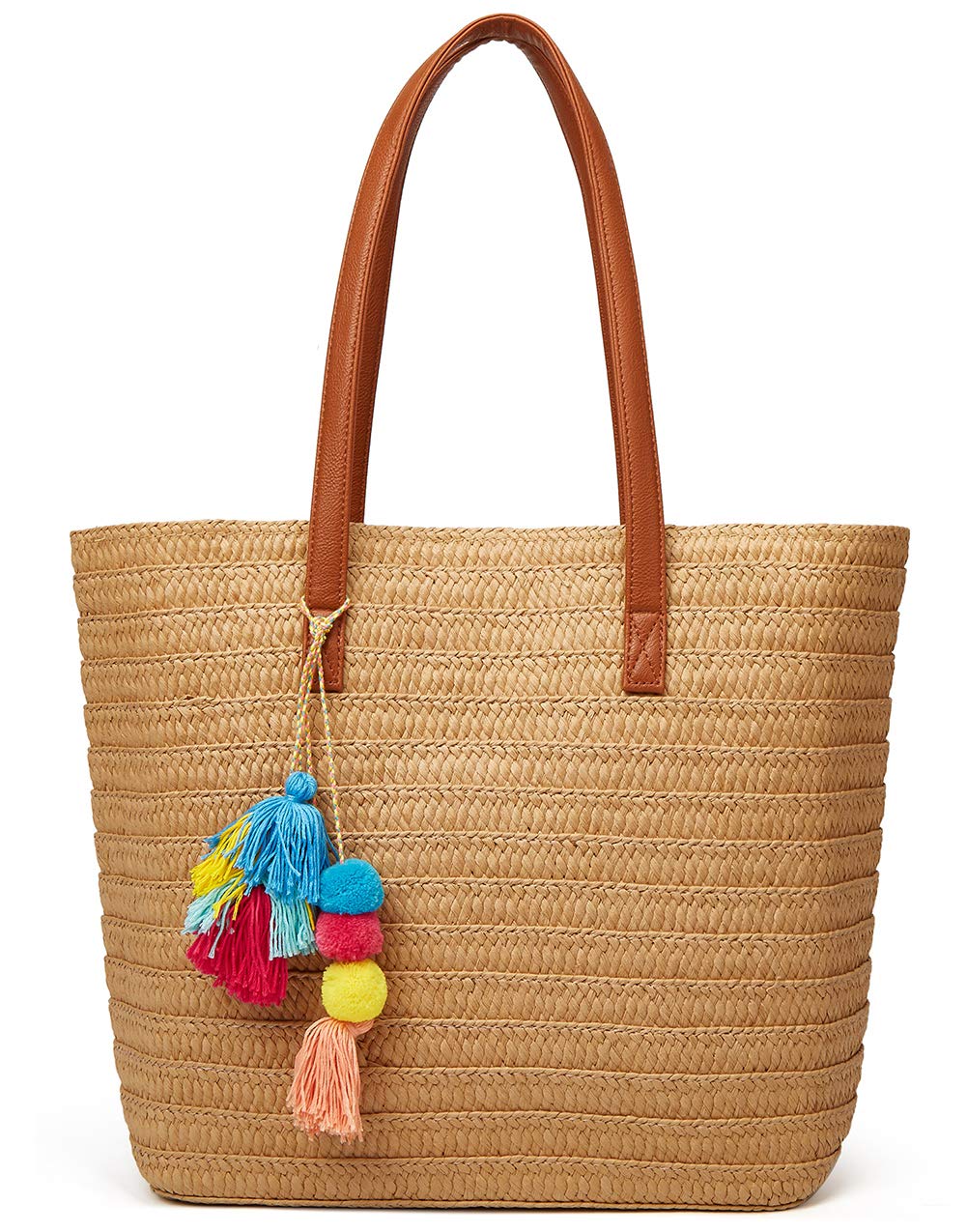 Epsion Straw Beach Tote Bag with Tassels & Pom Poms - Handwoven Boho Shoulder Purse for Women | Perfect for Summer Vacations, Pool Parties & Beach Outings