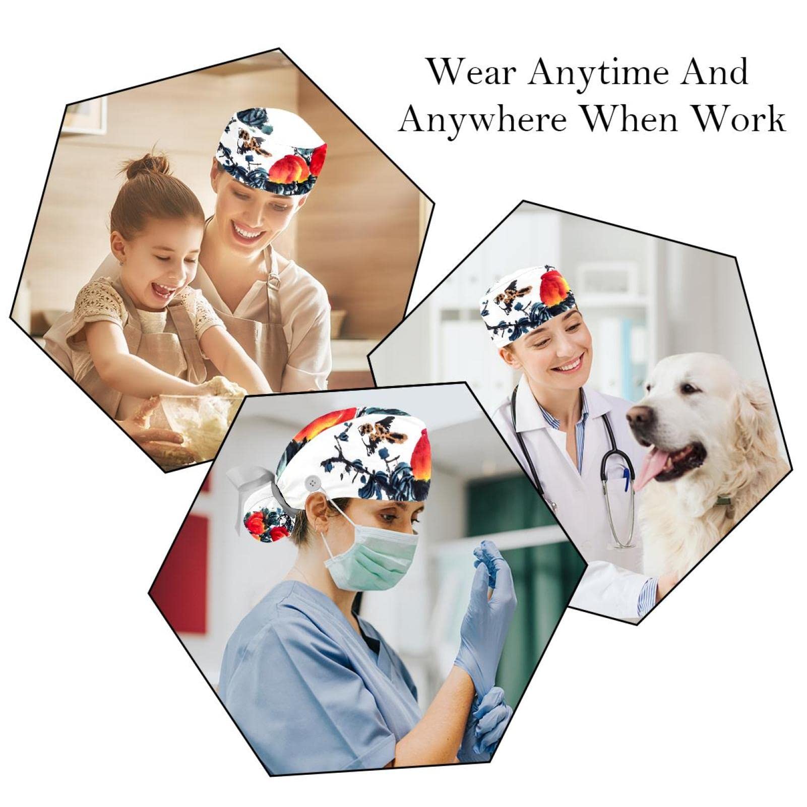 Women's Long Hair Scrub Hats 2-Pack - Unisex Surgical Caps with Button & Sweatband for Nurses, Doctors & Healthcare Workers | Comfortable Tie-Back Design for Hospital Shifts & Medical Procedures