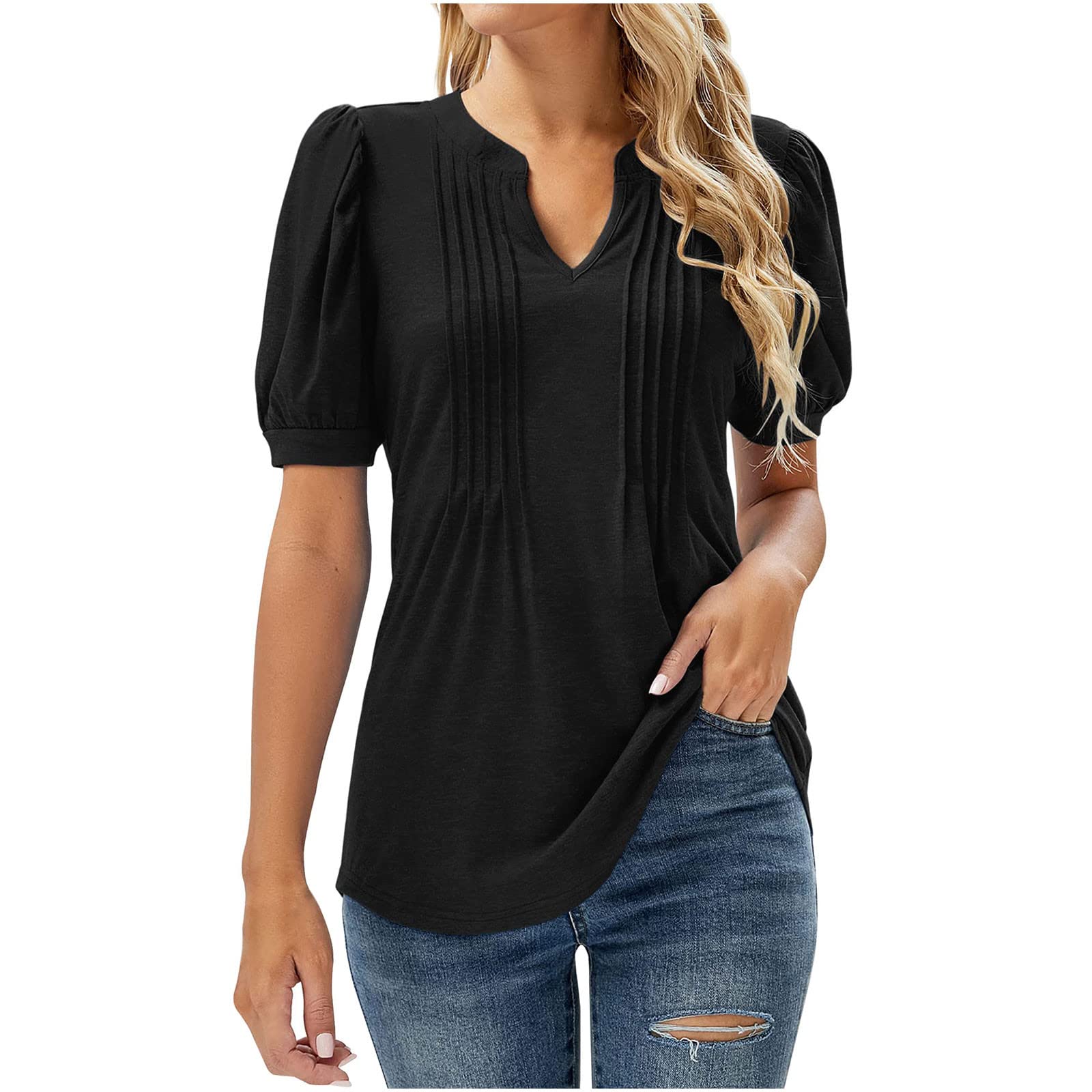 Women's Summer Tops - Solid Color V-Neck Puff Sleeve Casual T-Shirt | Vacation Tunic Blouse for Beach, Travel & Everyday Wear
