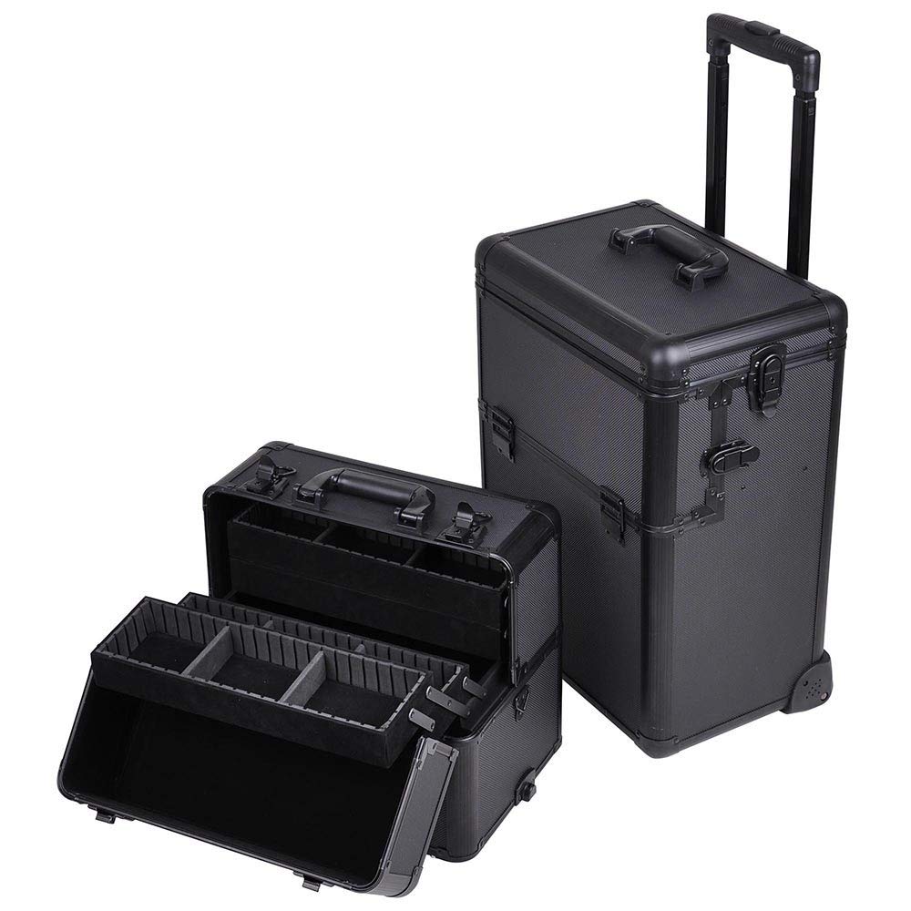 Professional 2-in-1 Rolling Makeup Train Case with Black Aluminum Body - Portable Cosmetic Organizer for MUA Artists & Beauty Professionals - Perfect for Salon, Travel, and On-Site Makeup Services