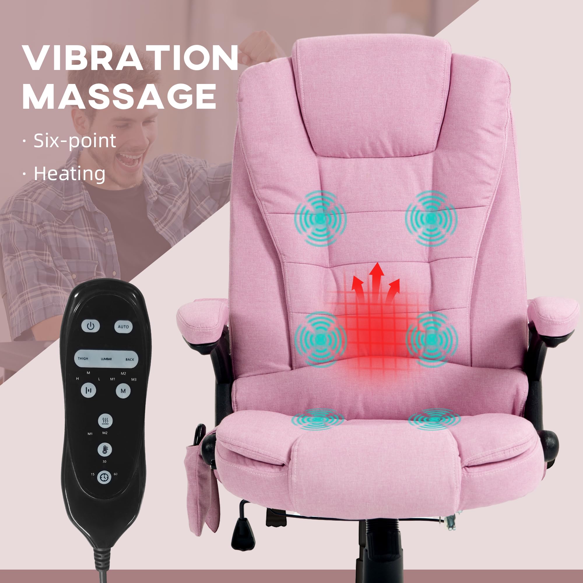 Vinsetto 6-Point Vibrating Massage Office Chair with Heating - High Back Executive Ergonomic Chair with Reclining Function, Padded Armrests & Remote Control (Pink) - Perfect for Home Office, Gaming & Relaxation