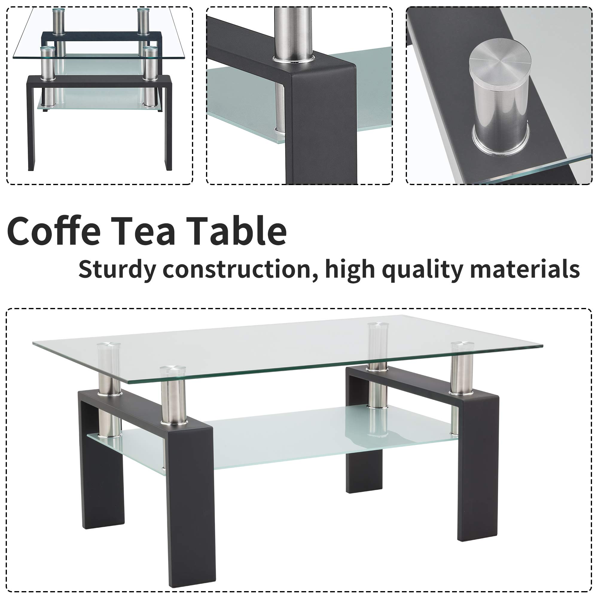 Modern Rectangle Glass Coffee Table with Lower Shelf - Metal Legs, Black - Perfect for Living Room, Lounge, and Conversation Areas