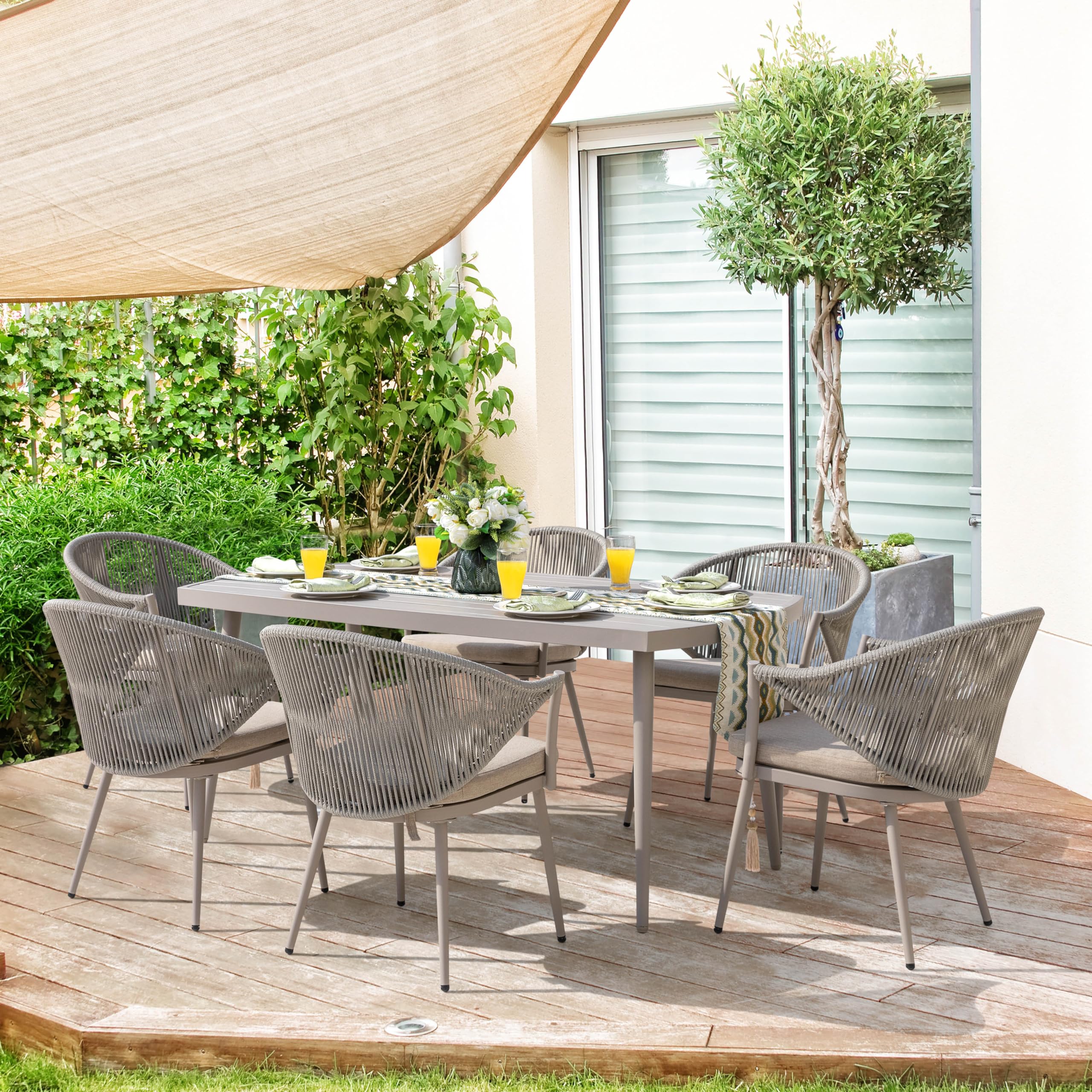 NUU GARDEN Patio Dining Chairs Set of 2 - All-Weather Woven Rope Outdoor Arm Chairs with Cushions - Lightweight Aluminum Frame - Perfect for Garden, Deck, Backyard, Balcony, Lawn & Indoor Use - Beige