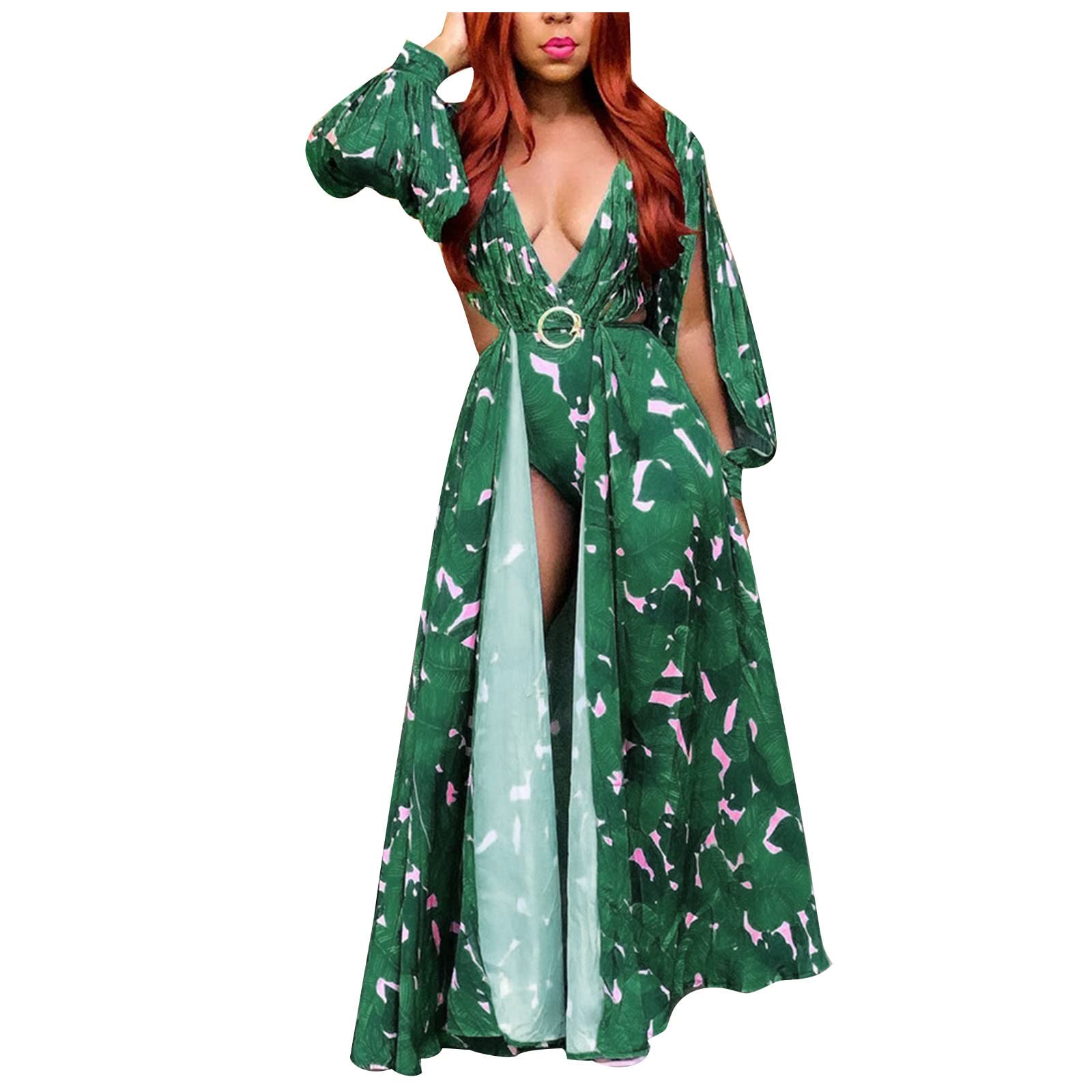 Women's Summer Short Sleeve V-Neck Ruffle Hem Split Beach Dress - Casual Flowy Maxi Dress for Beach Vacation, Party & Date Night
