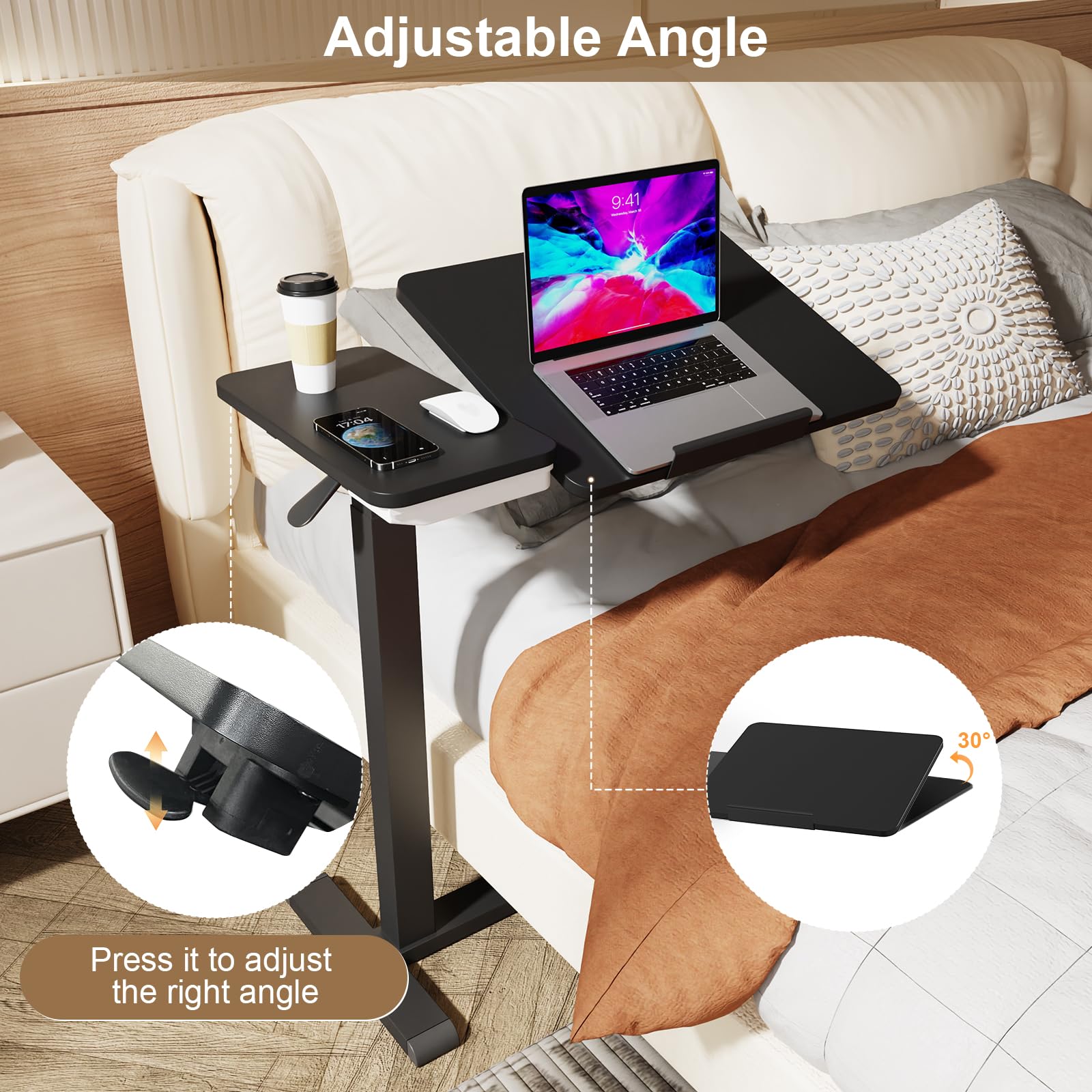 Adjustable Overbed Table with Wheels - Height & Angle Adjustable, Dual Pneumatic Lift, Split Tilt Top - Portable Bedside Table with Drawer for Home, Hospital, Elderly Care & Meal in Bed