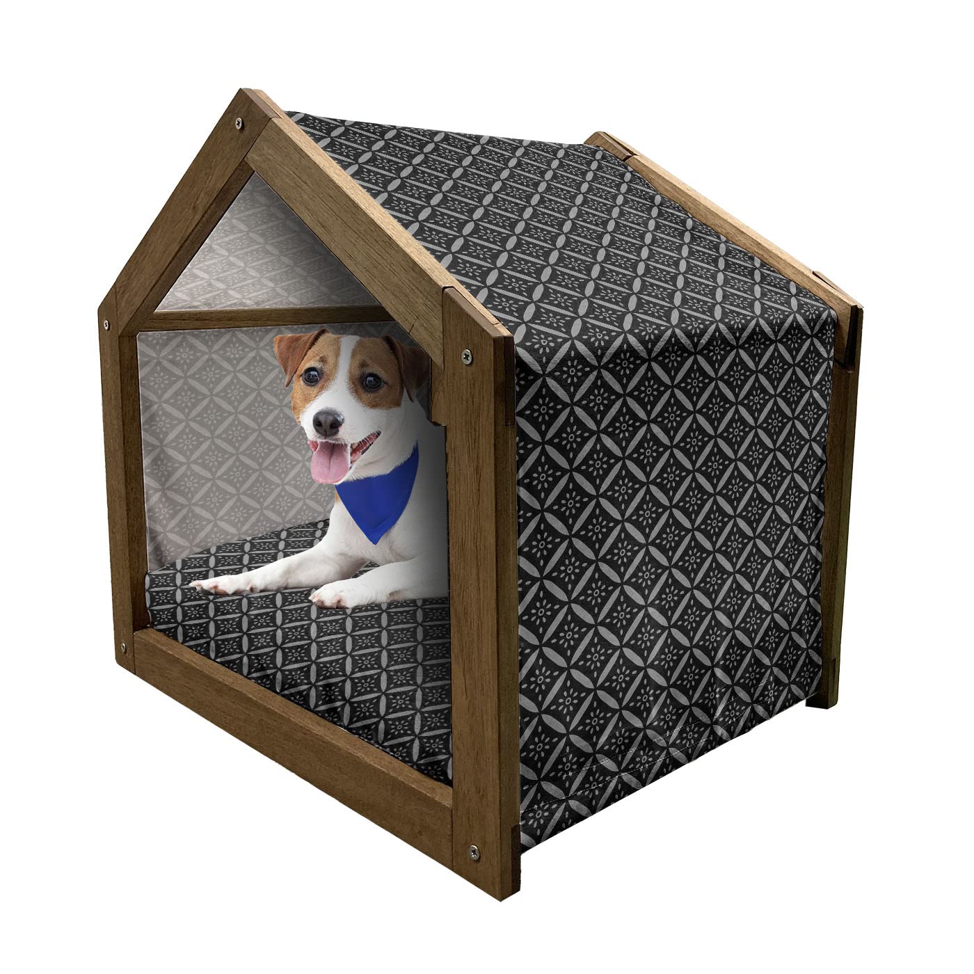 Ambesonne Victorian Wooden Pet House for Small Dogs - Royal Floral Tile Design Indoor/Outdoor Portable Dog Kennel with Pillow & Cover - Antique Retro Style Black Grey - Perfect for Home, Garden & Travel Use