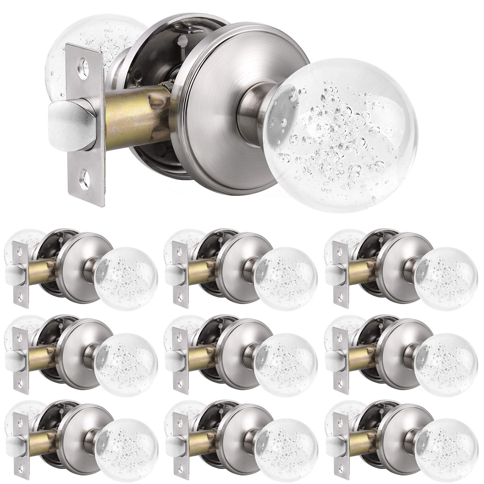 10 Pack Heavy Duty Crystal Glass Door Knobs with Bubbles - Satin Nickel Keyless Round Knob Set for Interior Doors, Closets & Cabinets - Durable & Stylish Home Upgrade for Bedrooms, Bathrooms & Office Spaces
