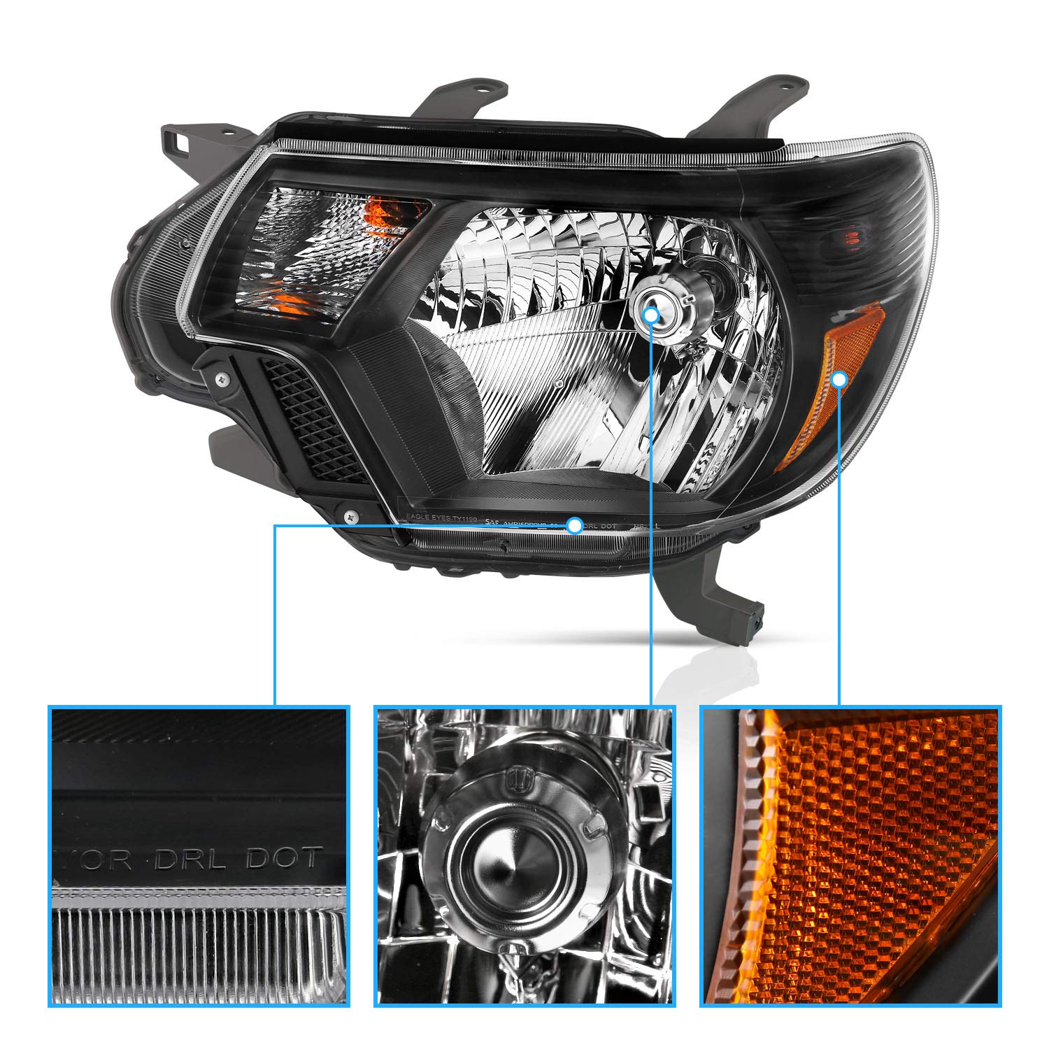 AmeriLite Black Replacement Headlights Assembly Pair for 2012-2015 Toyota Tacoma - Driver & Passenger Side - Perfect for Night Driving & Off-Road Adventures