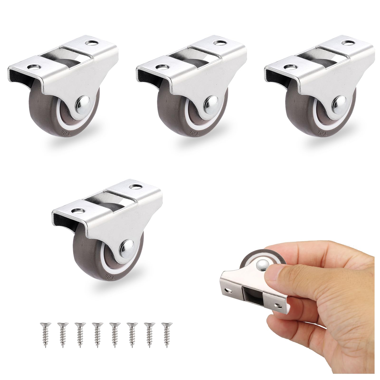 4Pcs 1 Inch Mini Rigid Caster Wheels - Low Profile Rubber Rolling Wheels with Steel Top Plate - Heavy Duty 106 Lbs Capacity - Perfect for Furniture, Under Bed Storage Drawers, Cabinets, and Office Chairs - Non Swivel Design for Stability
