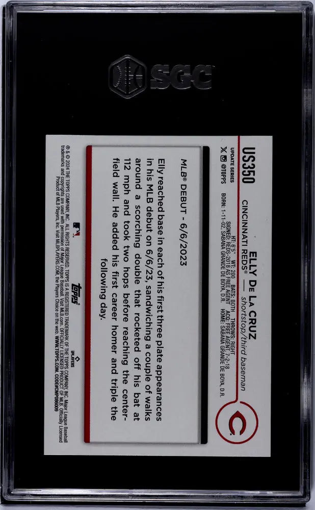 2024 Topps Update Baseball Elly De La Cruz Rookie Card SGC 10 Gem Mint - Perfect for Collectors & Sports Memorabilia Fans
