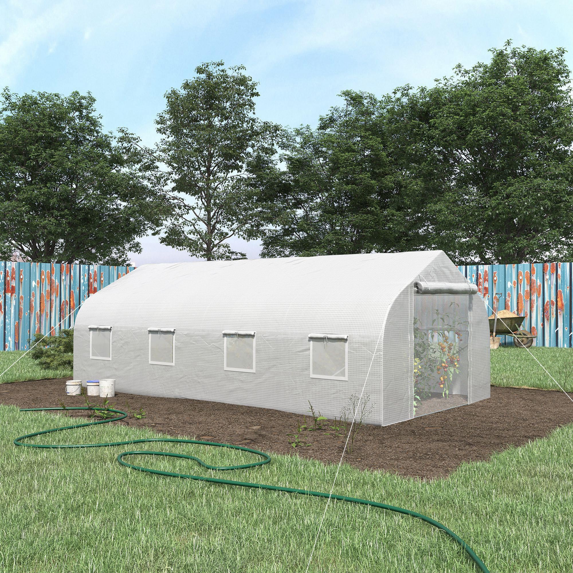 Outsunny 20' x 10' x 7' Walk-in Greenhouse with Galvanized Steel Frame - Large Hoop House Kit with Zippered Door & 6 Windows for Gardening, Plant Growing & Backyard Farming - Perfect for Vegetables, Flowers & Seed Starting (White)
