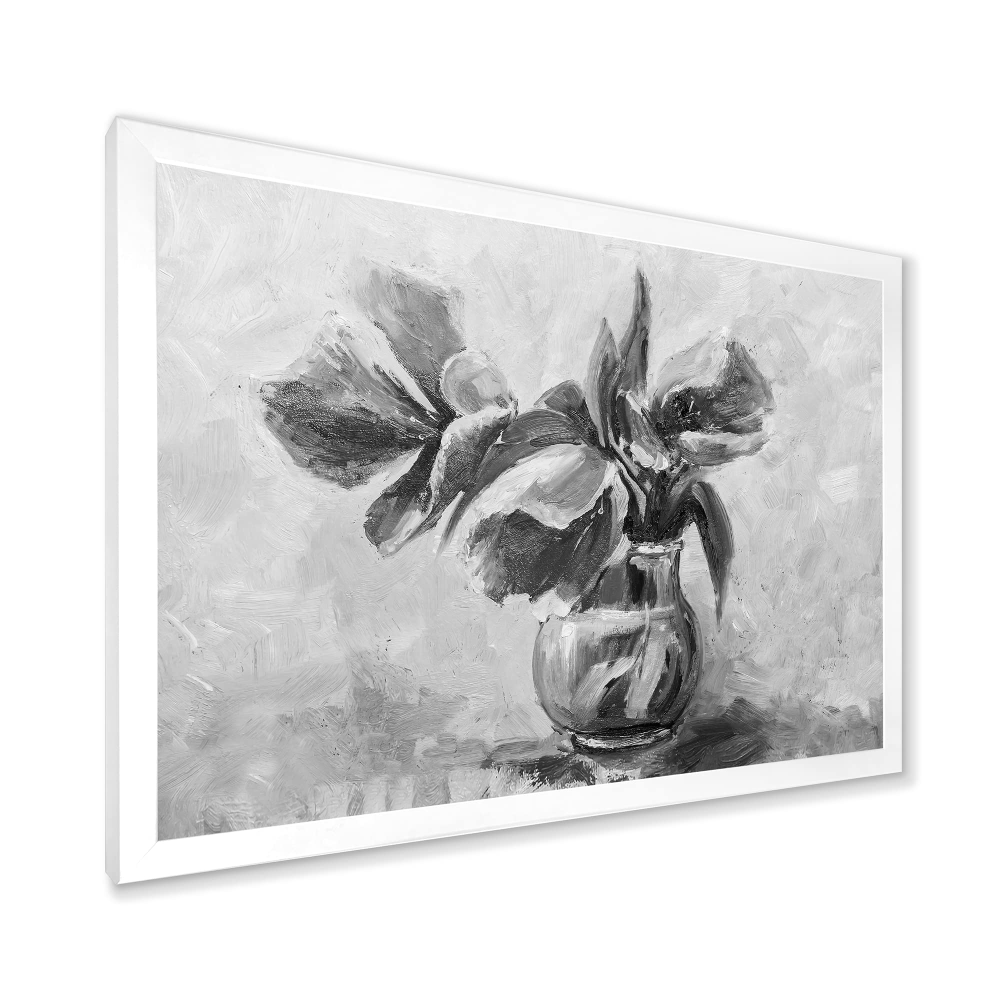 DesignQ Monochrome Still Life Flower Vase Painting - Traditional Framed Wall Art Decor for Living Room, Bedroom & Office