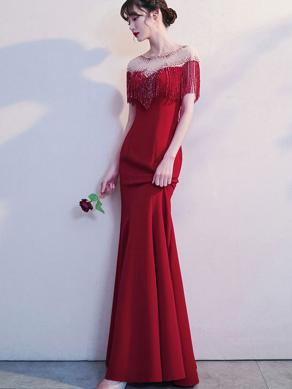 Elegant Red and Black Beaded Tassel Fishtail Evening Gown for Prom, Homecoming & Special Occasions