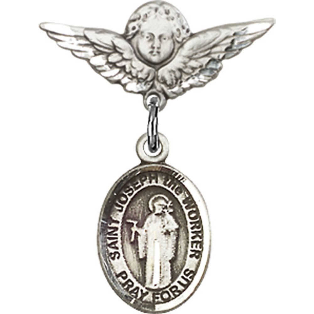 St. Joseph The Worker Sterling Silver Baby Badge with Angel Wing Charm - 7/8 X 3/4 Inch Religious Pin for Baptism, First Communion & Christening Gifts
