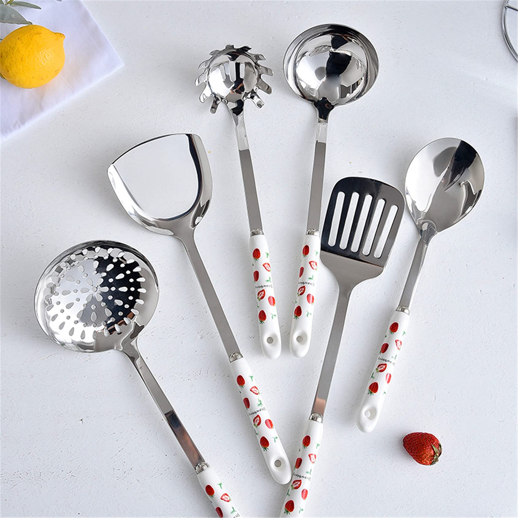 Premium 6-Piece Kitchen Utensil Set with Holder - Stainless Steel Soup Ladle, Spatula, Slotted Turner, Skimmer Spoon & Rice Paddle - Nordic Style Cookware for Cooking, Baking & Serving - Perfect for Home Chefs & Restaurant Use