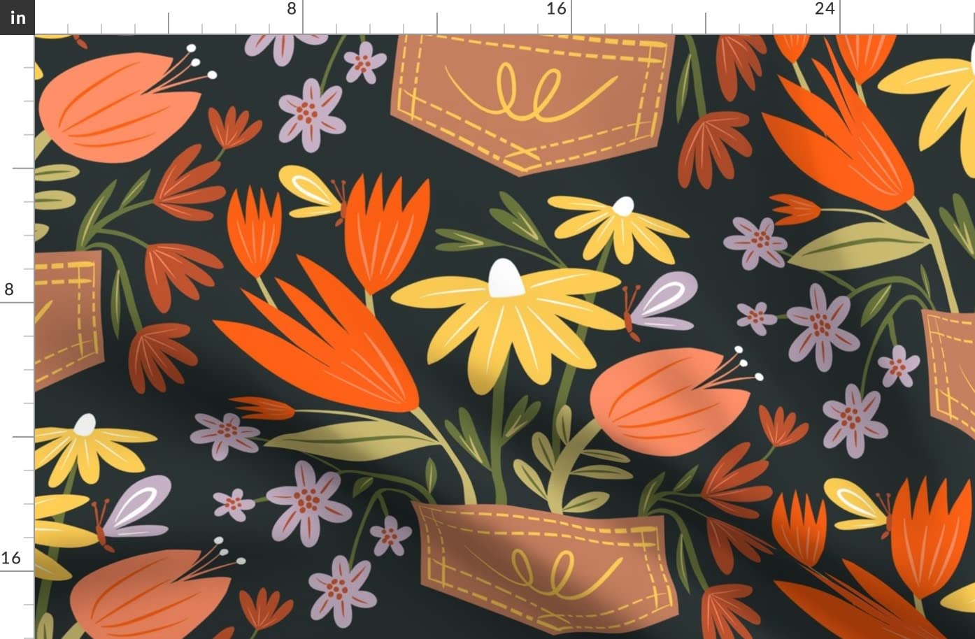 Pockets Flowers Gardening Springtime Blooms Printed on Denim Fabric by The Yard - Premium Spoonflower Fabric for Apparel, Home Decor & Upholstery | Perfect for DIY Sewing, Quilting, and Spring Fashion Projects
