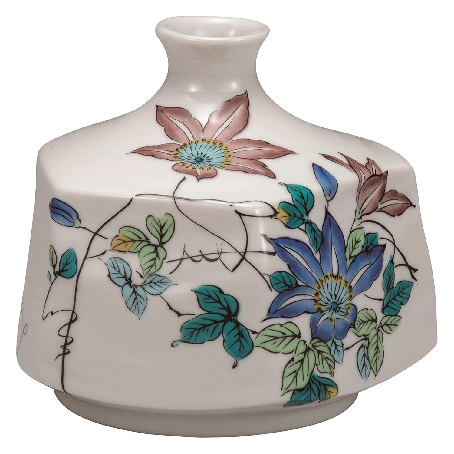 Japanese Kutani Ware Porcelain Single Flower Vase - Hand-Painted Clematis Design - Elegant Home Decor for Living Room, Dining Table & Office Desk