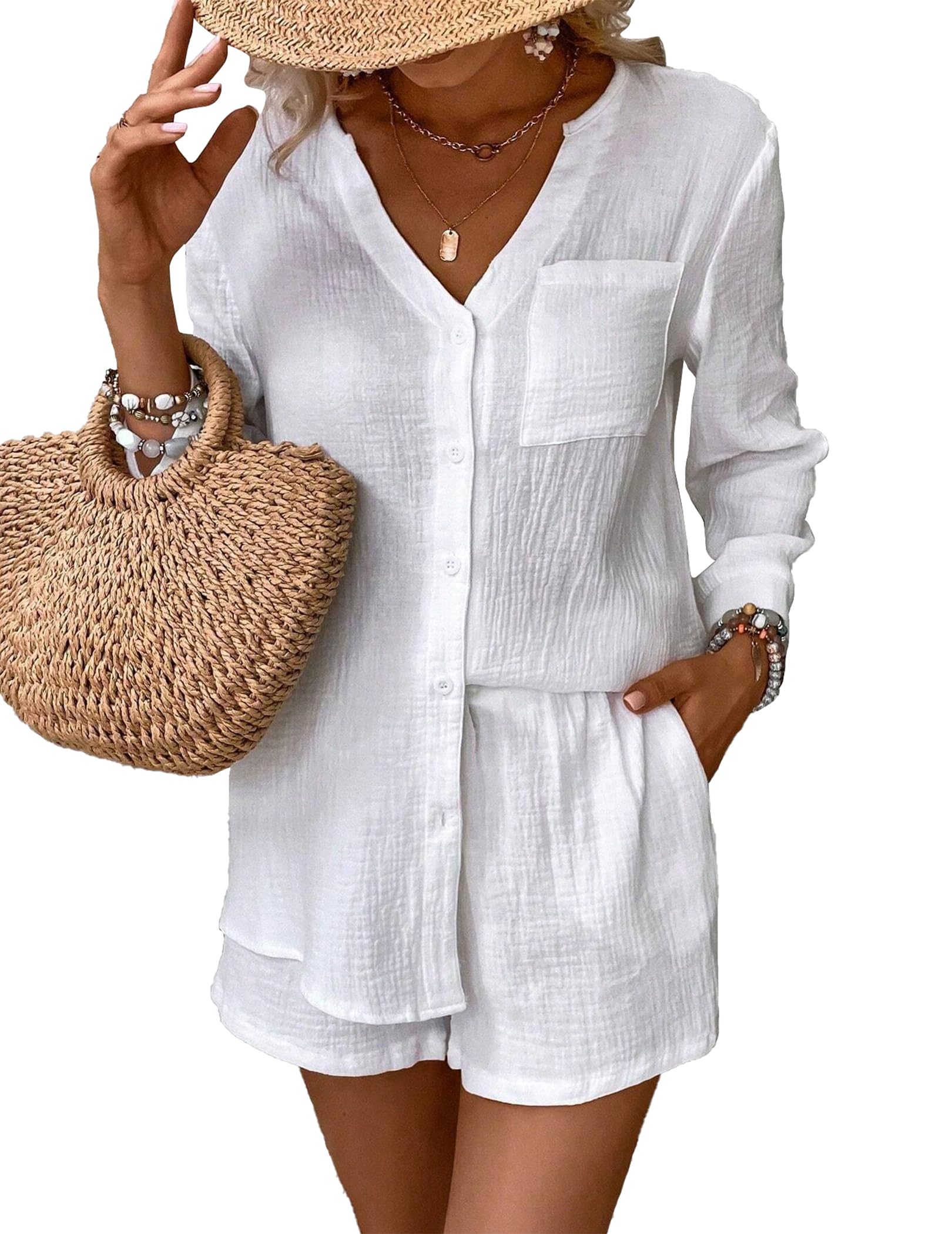 2 Piece Pajama Sets for Women - Summer Vacation Outfits, Lounge Sleepwear with V-Neck Button Down Shirt & Pockets Shorts - Perfect for Beach, Travel & Relaxing at Home