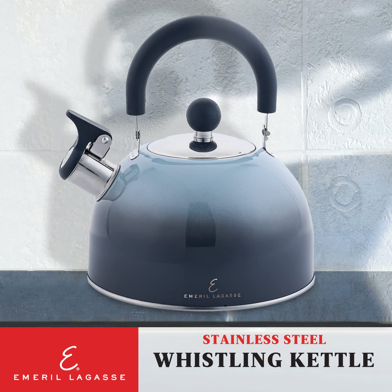 Emeril Lagasse 2.6 Quart Stainless Steel Whistling Tea Kettle - Induction Compatible, Fast Boiling Water Pot with Cool-Touch Handle for Home, Kitchen & Office - Perfect for Tea, Coffee & Cooking (Black)