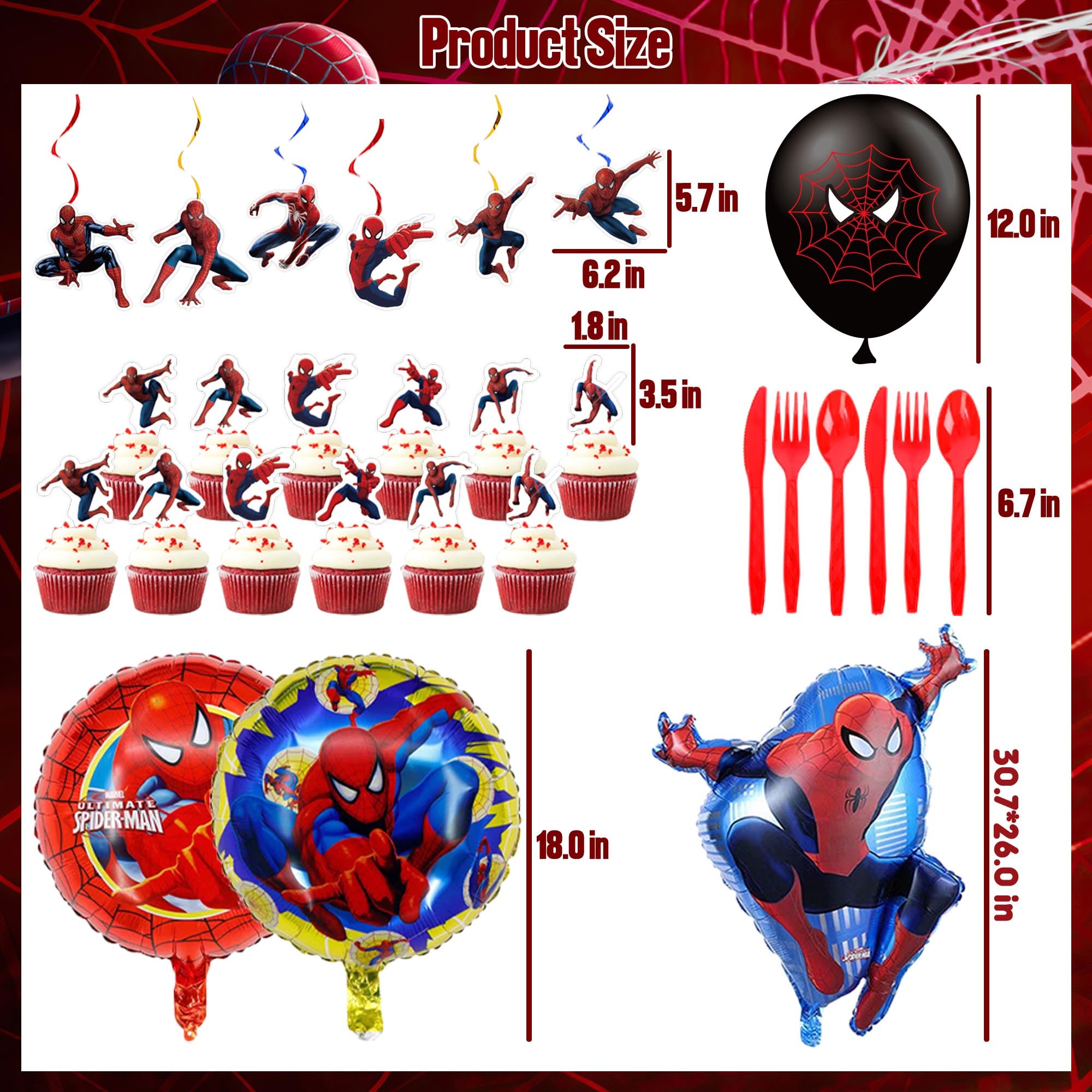 Spider Themed Birthday Party Decorations Kit - Includes Tablecloth, Paper Plates, Banner, Balloons, Backdrop, Hanging Swirls & Cupcake Toppers for 10 Guests | Perfect for Halloween, Kids Birthday Parties & Spooky Themed Events