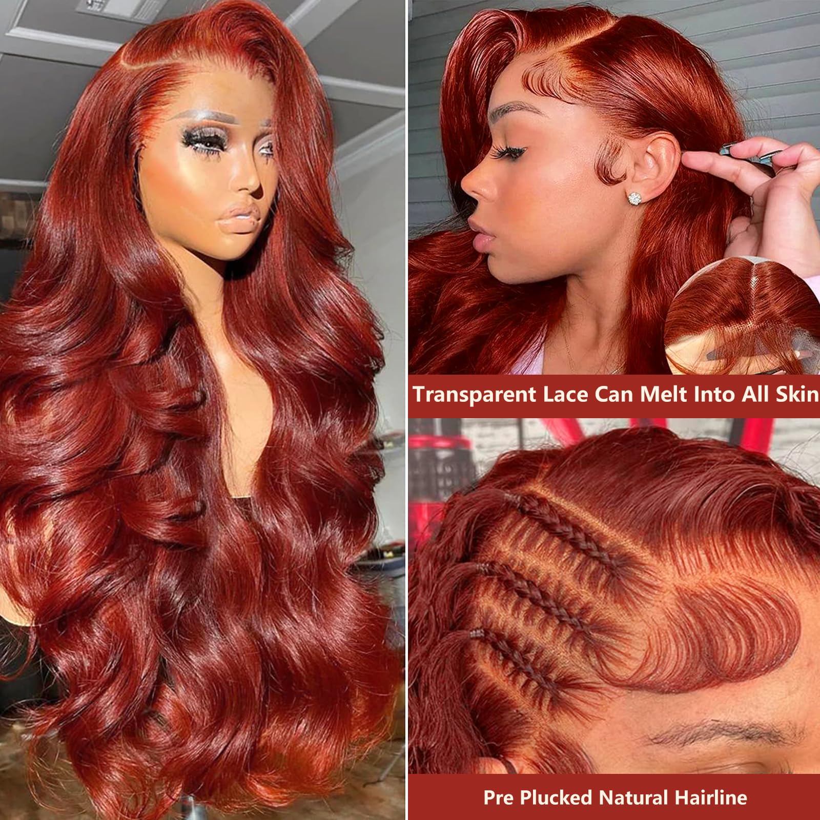 360 Lace Front Wig Human Hair 26 Inch - Reddish Brown Body Wave 180% Density HD Lace Frontal Wig (Ginger Auburn/Orange Red) | Glueless Design for Daily Wear, Cosplay & Special Occasions