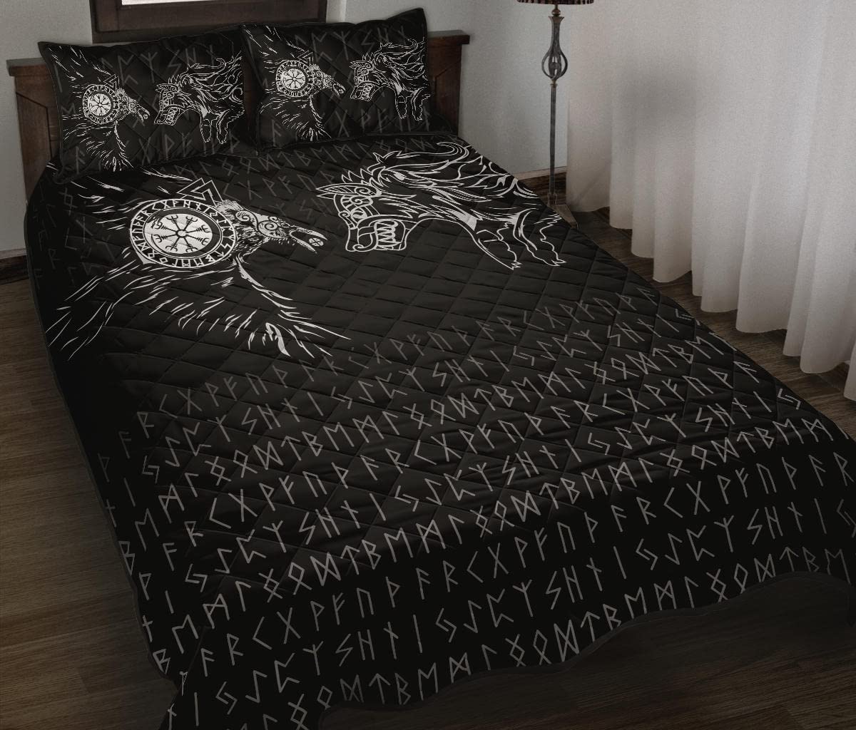 Viking Quilt Bedding Set - Raven and Wolf Tattoo Design Throw Blanket for Twin, Queen, King Size Beds | Norse Themed Bedroom Decor | Perfect Gift for Viking Enthusiasts | Cozy Home & Cabin Use