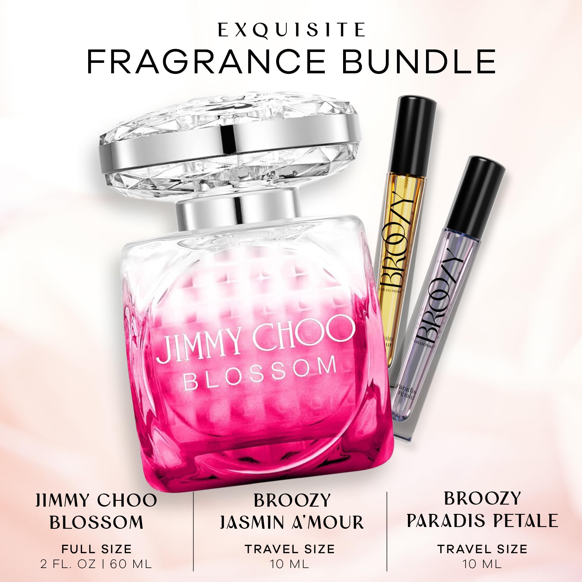 Broozy Women's Perfume Gift Set - 60ml Jimmy Choo Blossom Eau de Parfum + 2 Travel Size 10ml Mini Perfumes | Floral Fragrance Sampler for Everyday Wear, Date Night & Special Occasions