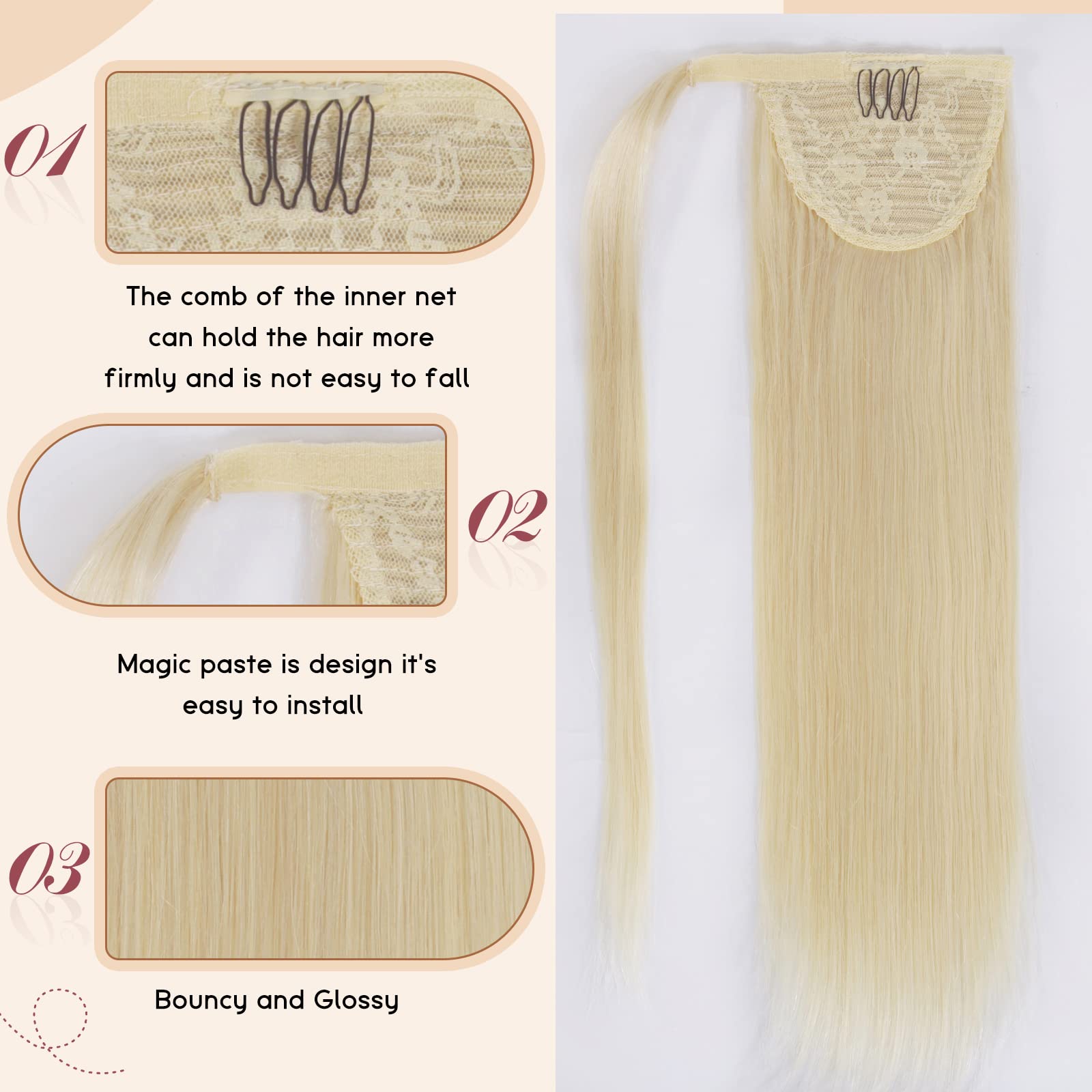 Tinashe Clip-In Ponytail Hair Extensions 18 Inch - 100% Remy Human Hair, #613 Blonde, Long Straight Wrap Around Ponytail for Women | Perfect for Parties, Weddings & Everyday Styling
