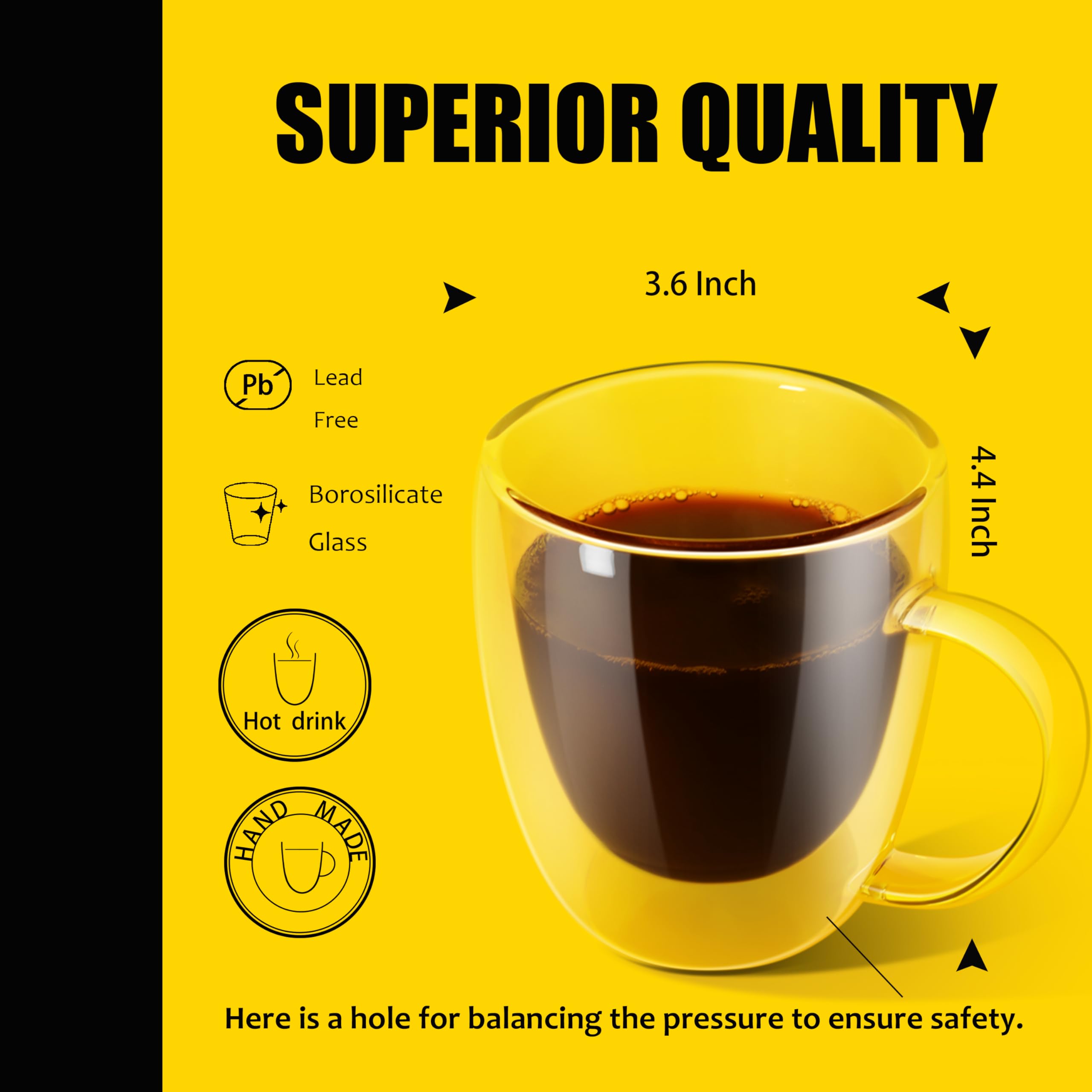 Premium 12.9oz (380ml) Clear Double Wall Glass Coffee Mugs - Set of 4, Large Handle for Hot & Iced Drinks - Perfect for Latte, Espresso, Tea - Ideal for Home, Office & Cafe Use