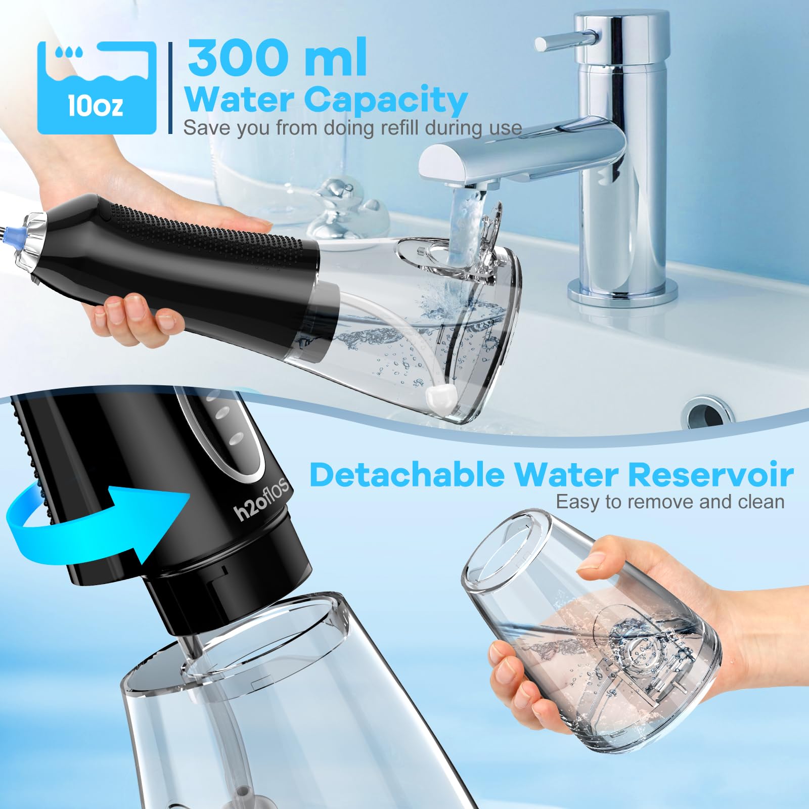H2ofloss Portable Water Dental Flosser - Rechargeable Cordless Oral Irrigator with 300ml Tank, 5 Cleaning Modes & IPX7 Waterproof for Teeth Cleaning - Perfect for Home, Travel & Orthodontic Care