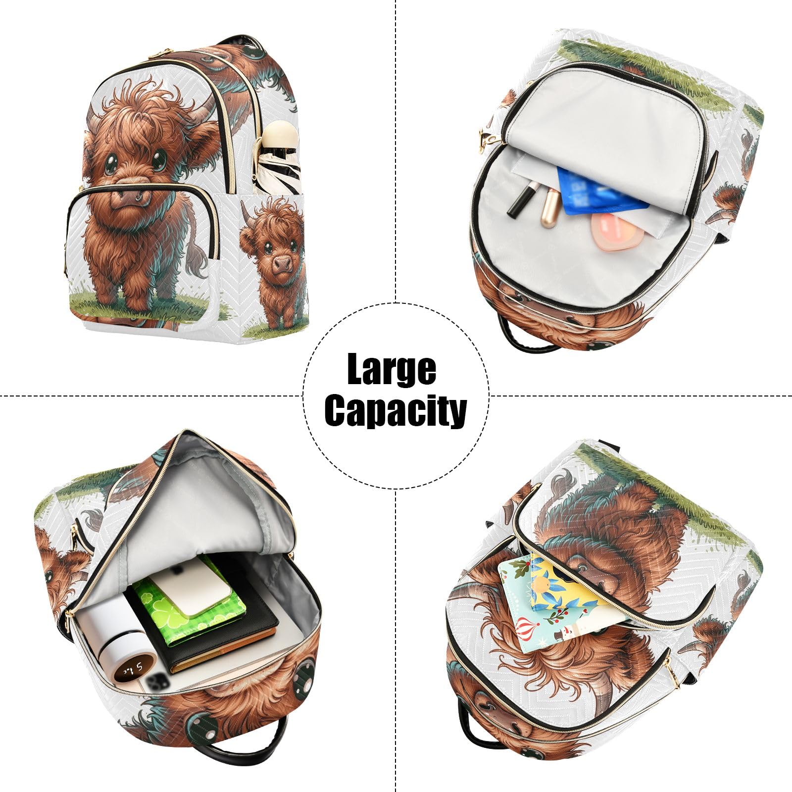 ODAWA Quilted Backpack for Women - Cute Highland Cow Print on Grass, Fashionable Travel Backpack Purse with Luggage Strap - Perfect for School, Work, and Weekend Getaways