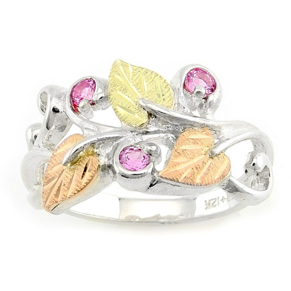 12k Green & Rose Black Hills Gold Rhodium-Plated Sterling Silver Synthetic Rose Zircon October Birthstone Ring | Elegant Jewelry Gift for Women, Anniversary, Birthday & Special Occasions