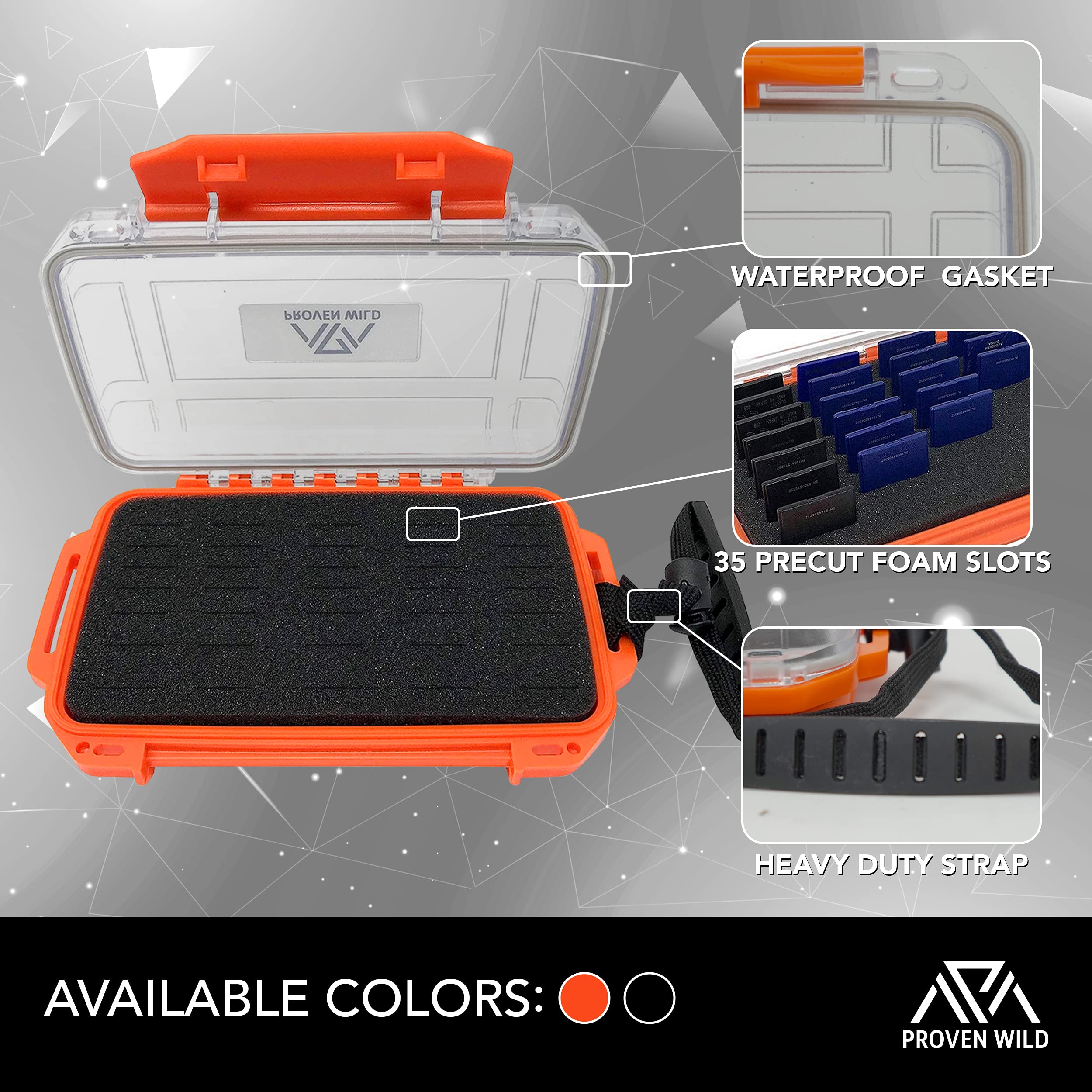 Proven Wild Waterproof SD Card Holder Case - Durable Memory Card Organizer for 35 SD Cards, Compatible with DSLR & Trail Cameras (Orange) - Perfect for Travel, Photography & Outdoor Adventures