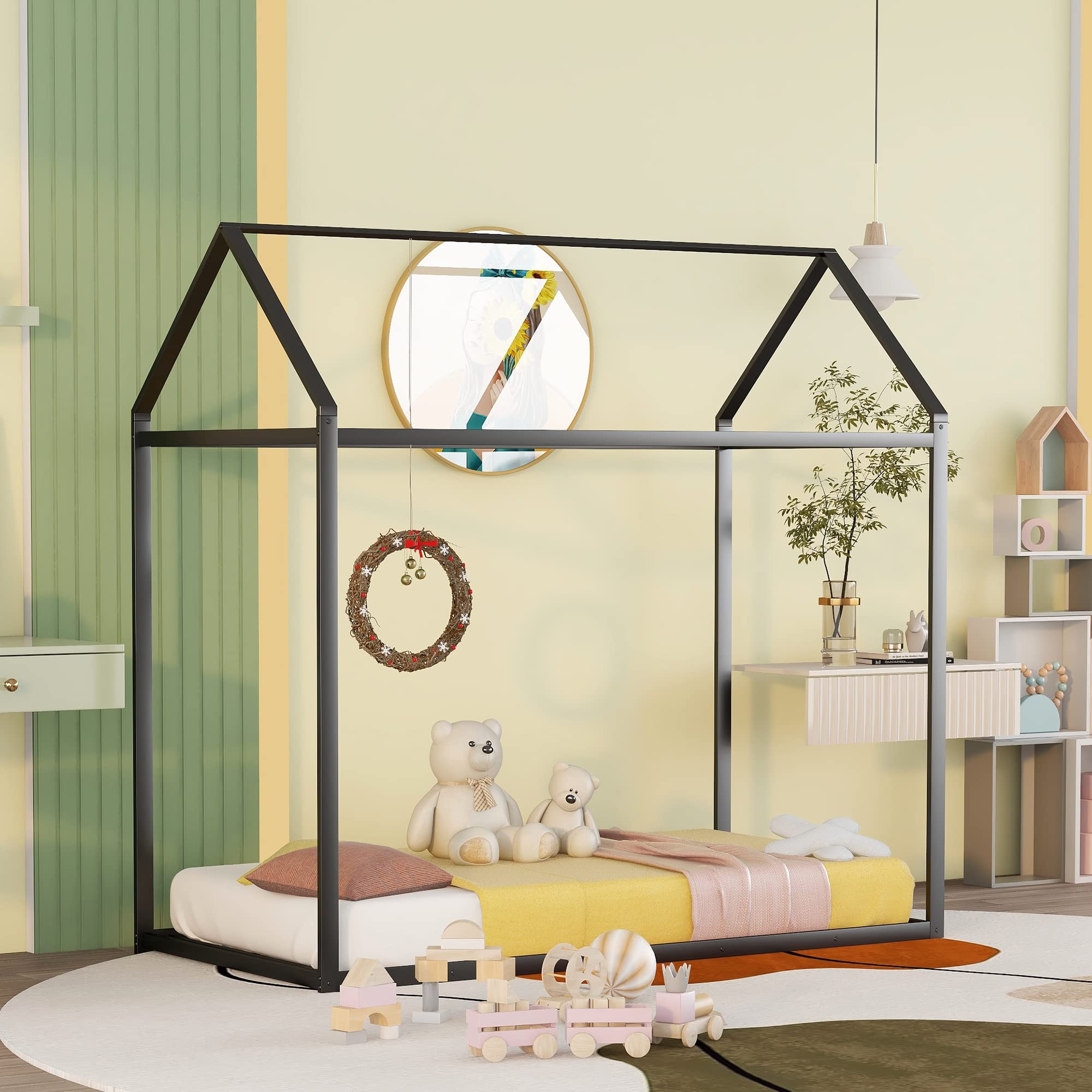 Montessori Twin Metal Floor Bed Frame for Toddlers & Kids - Sturdy Black House Design for Boys, Girls & Teens - Perfect for Bedrooms, Playrooms & Montessori Learning Spaces
