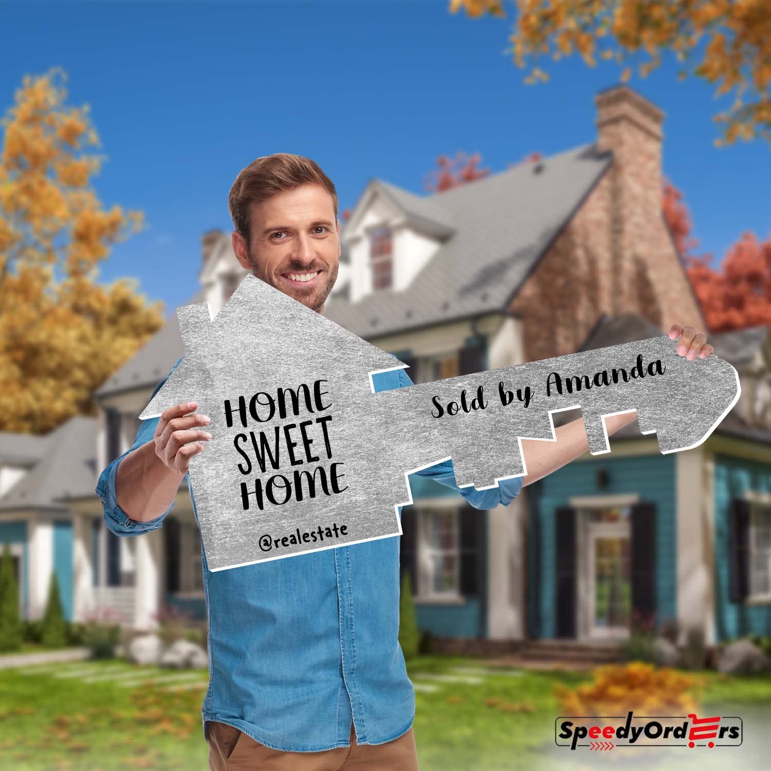 Custom Metal Silver Large Real Estate Sold Sign with Giant Realtor Key - Professional Photo Props & Marketing Supplies for Agents - Perfect for Closing Gifts, Listings & Celebrations