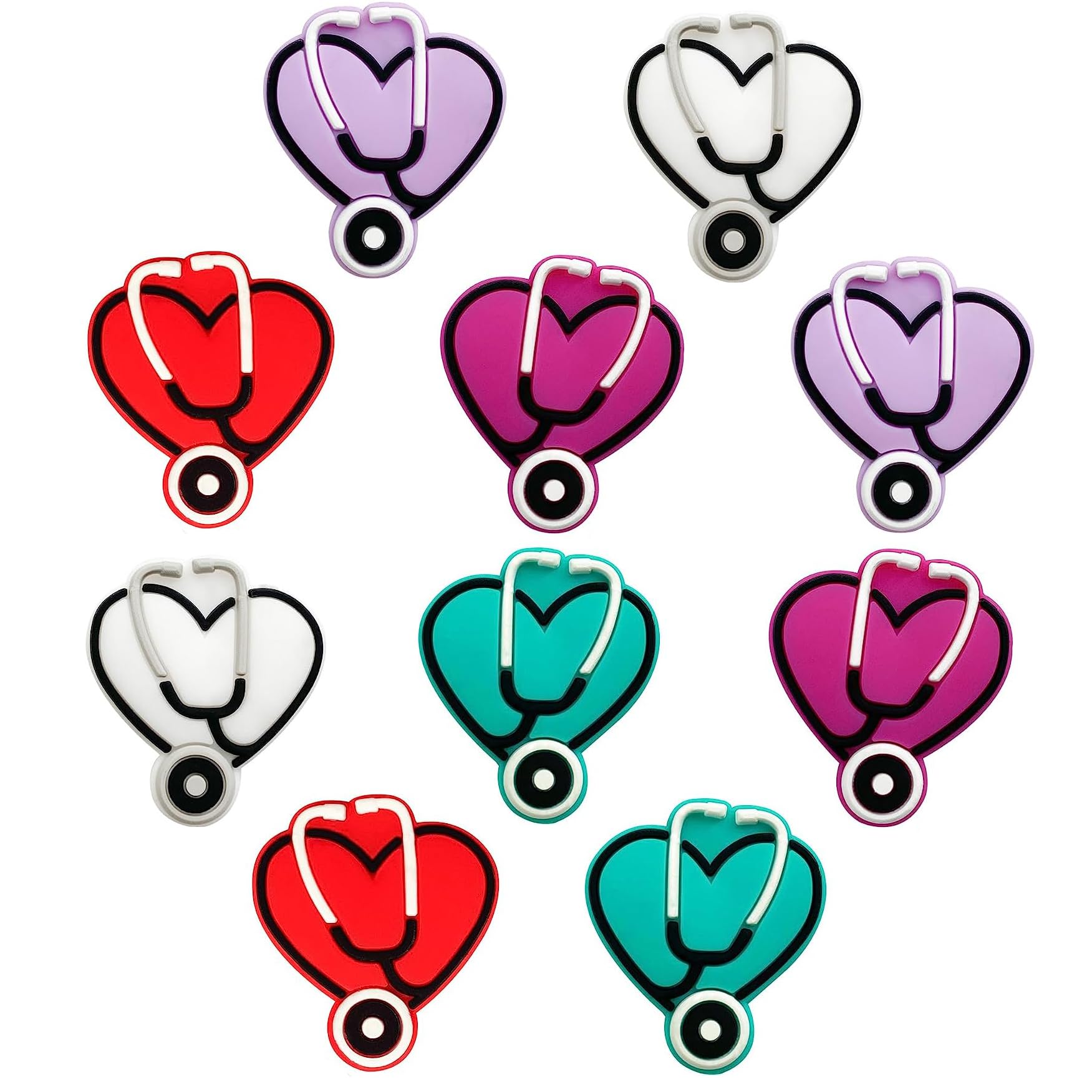10Pcs Heart Stethoscope Silicone Beads - Colorful Nurse Charm Beads for DIY Jewelry Making, Bulk Rubber Spacer Beads for Bracelets, Keychains & Pen Decor - Perfect for Nursing Gifts & Medical-Themed Crafts
