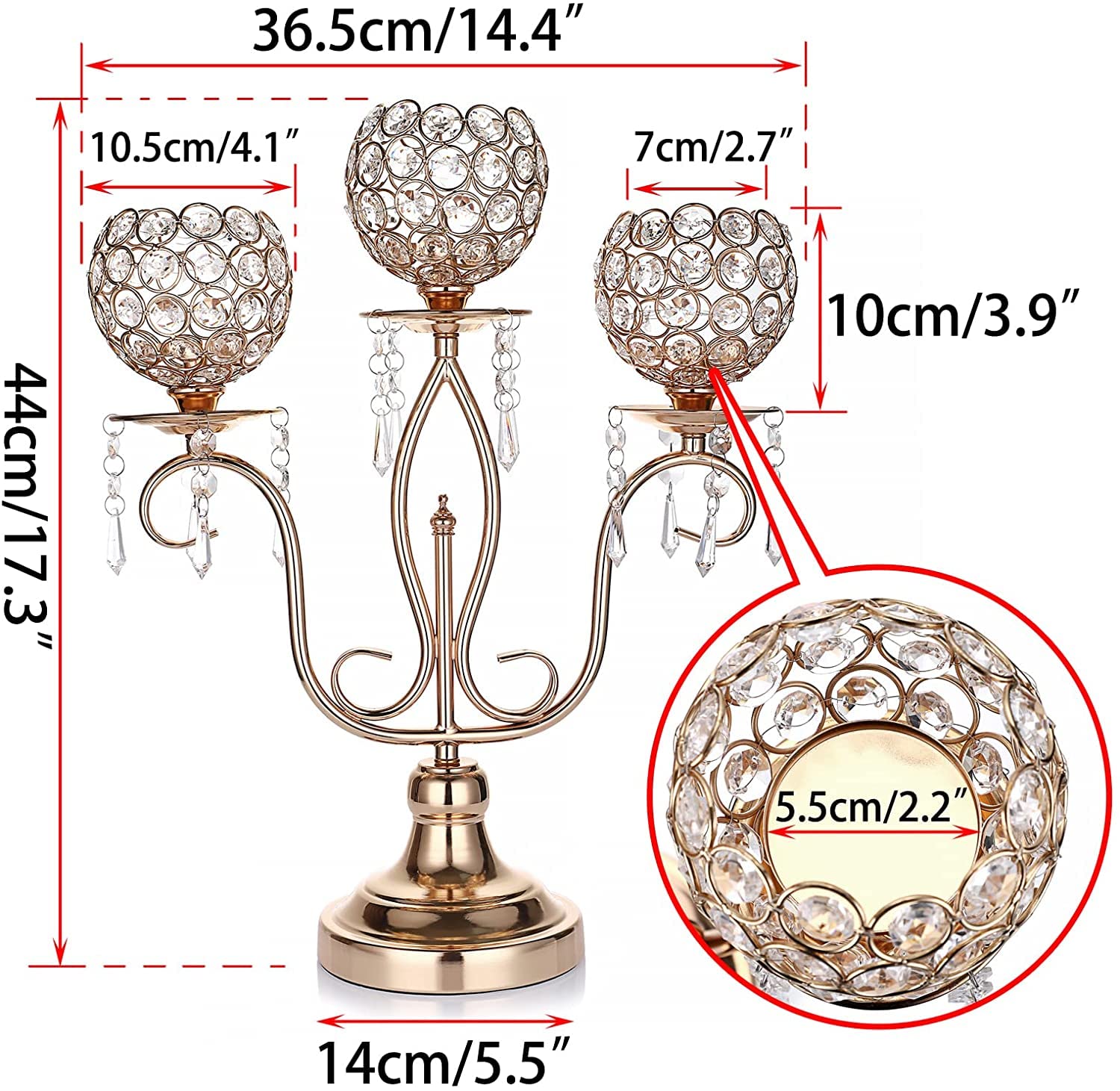 3-Arm Gold Metal Crystal Candle Holder - Elegant Candelabra for Wedding Centerpieces, Dining Table Decor & Home Decoration - Perfect for Romantic Dinners, Holiday Decor & Special Occasions