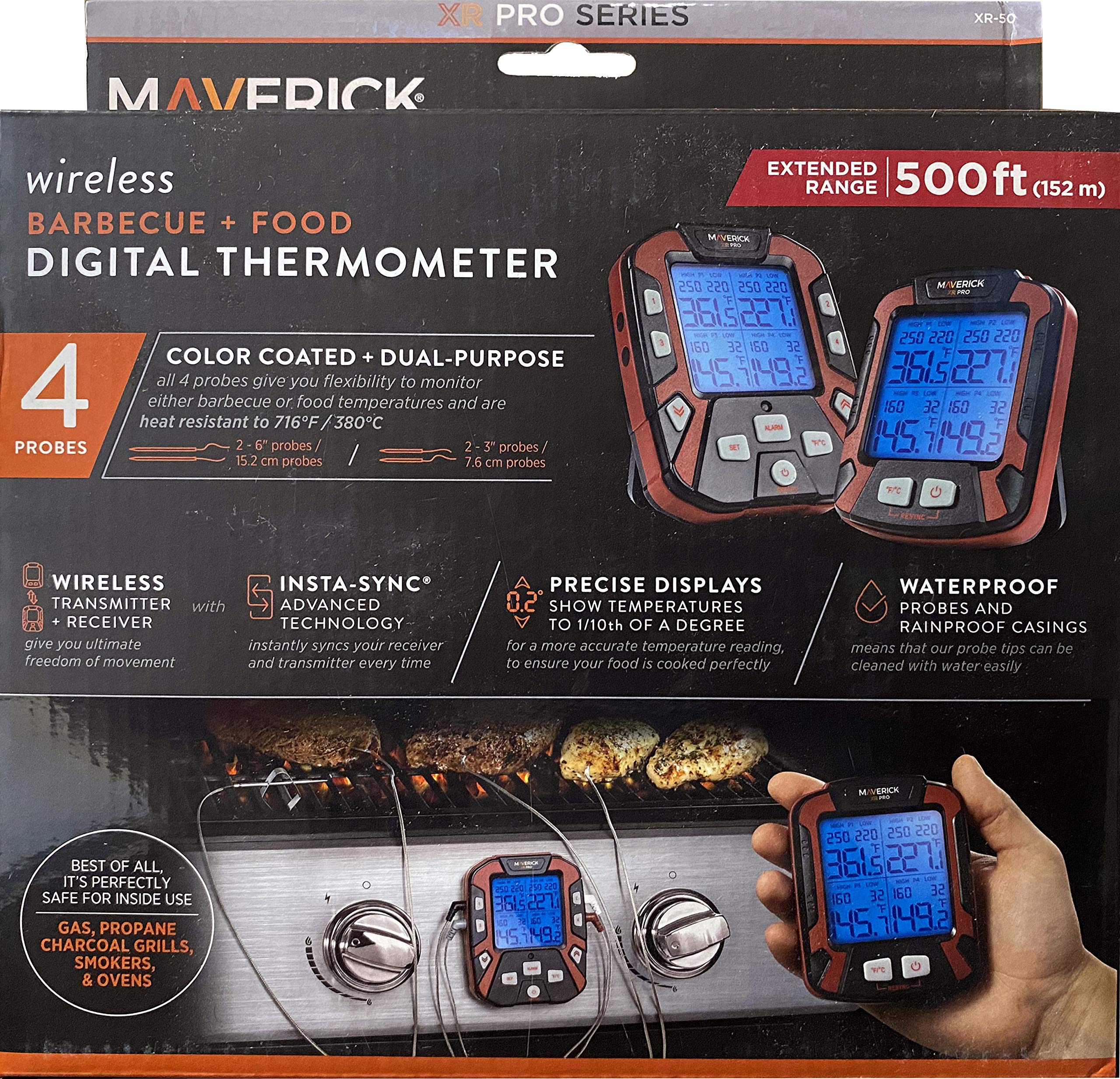 Maverick PRO-Series XR-50 Digital Wireless Meat Thermometer with 500FT Range & 4 Probes - Black/Red BBQ Smoker Thermometer + Z-Cloth Bundle for Grilling, Smoking, and Outdoor Cooking