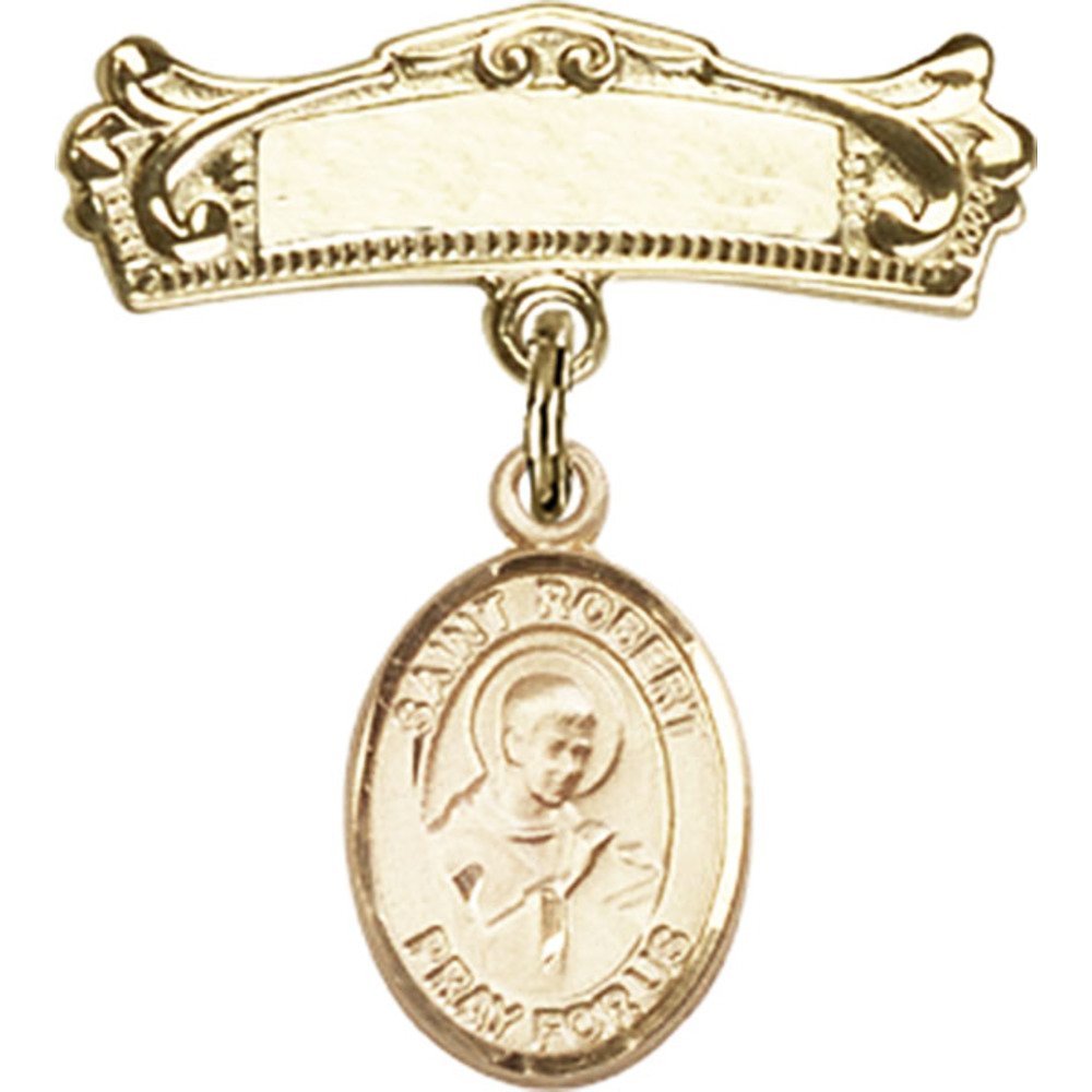7/8 X 3/4 Inch Gold Filled Baby Badge with St. Robert Bellarmine Charm - Arched Polished Badge Pin for Christening, Baptism & First Communion Gifts