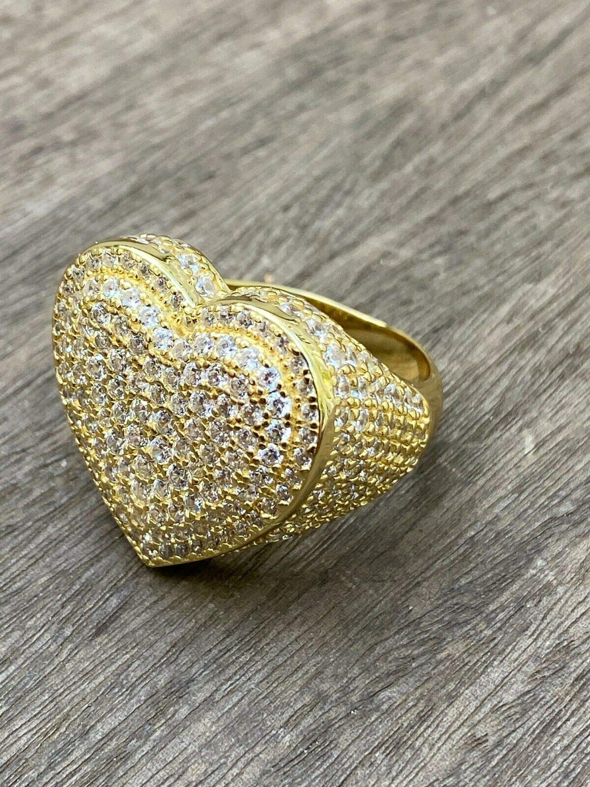 14K Gold Plated 925 Sterling Silver Heart Shaped Hip Hop Iced Out Ring with Cubic Zirconia - Size 7-13 - Perfect for Valentine's Day, Anniversary Gifts & Streetwear Fashion