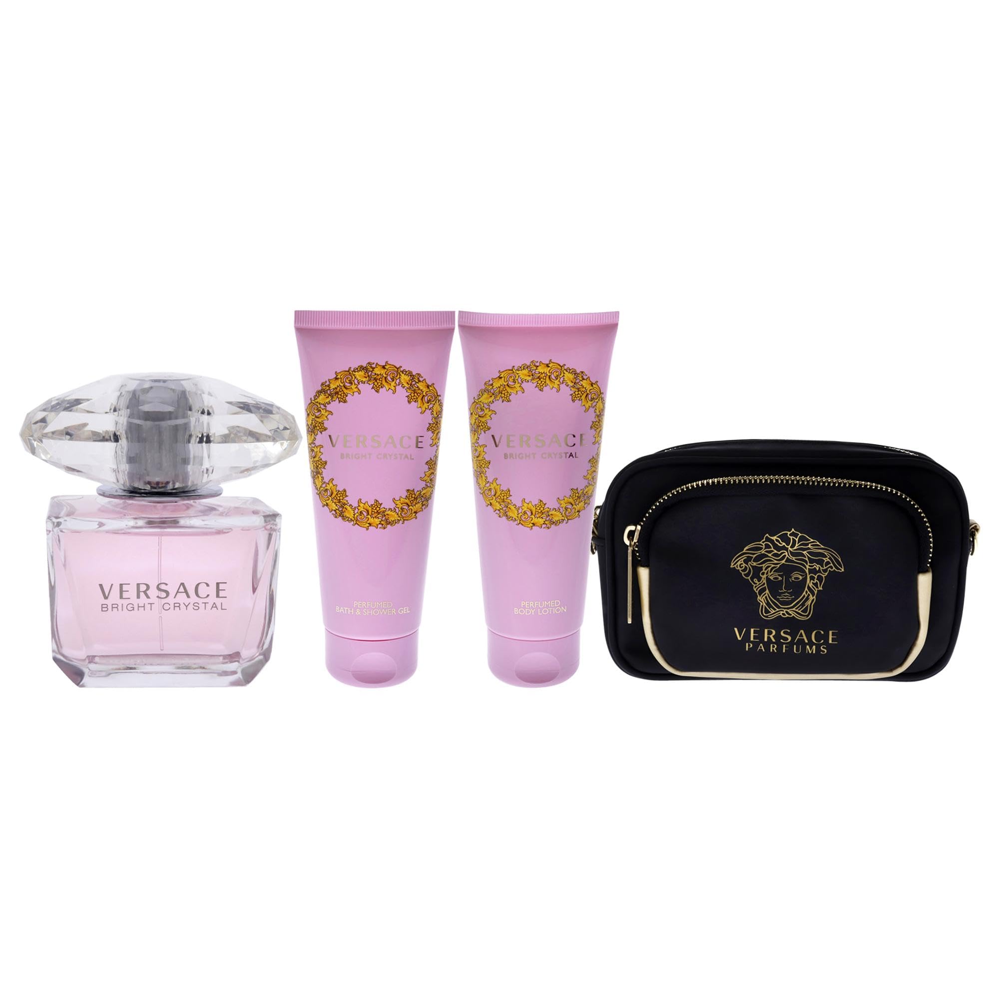 Versace Bright Crystal Women's Perfume Gift Set - 3oz Eau de Toilette Spray, 3.4oz Shower Gel & Body Lotion with Luxury Bag - Floral Fragrance for Women, Perfect for Birthday, Anniversary & Valentine's Day Gifts