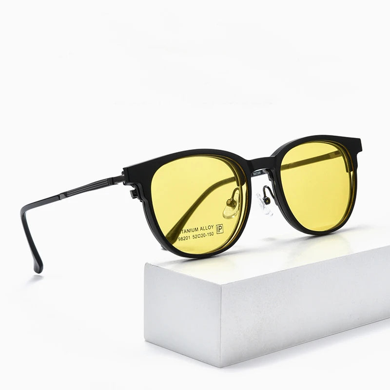 Bclear Unisex Full Rim Round Alloy Eyeglasses with Clip-On Polarized Sunglasses 9820 - Stylish UV Protection for Driving, Outdoor Activities & Everyday Wear
