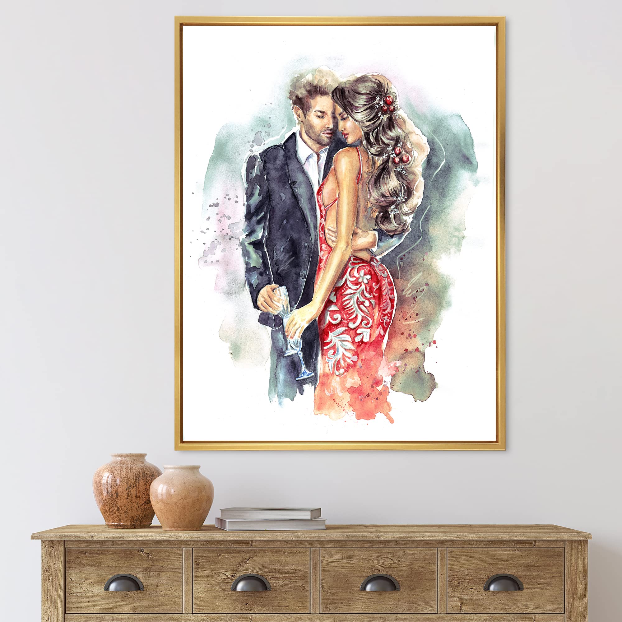 Romantic Couple with Champagne Glasses New Year's Canvas Wall Art - Elegant Framed Home Decor for Living Room, Bedroom & Office