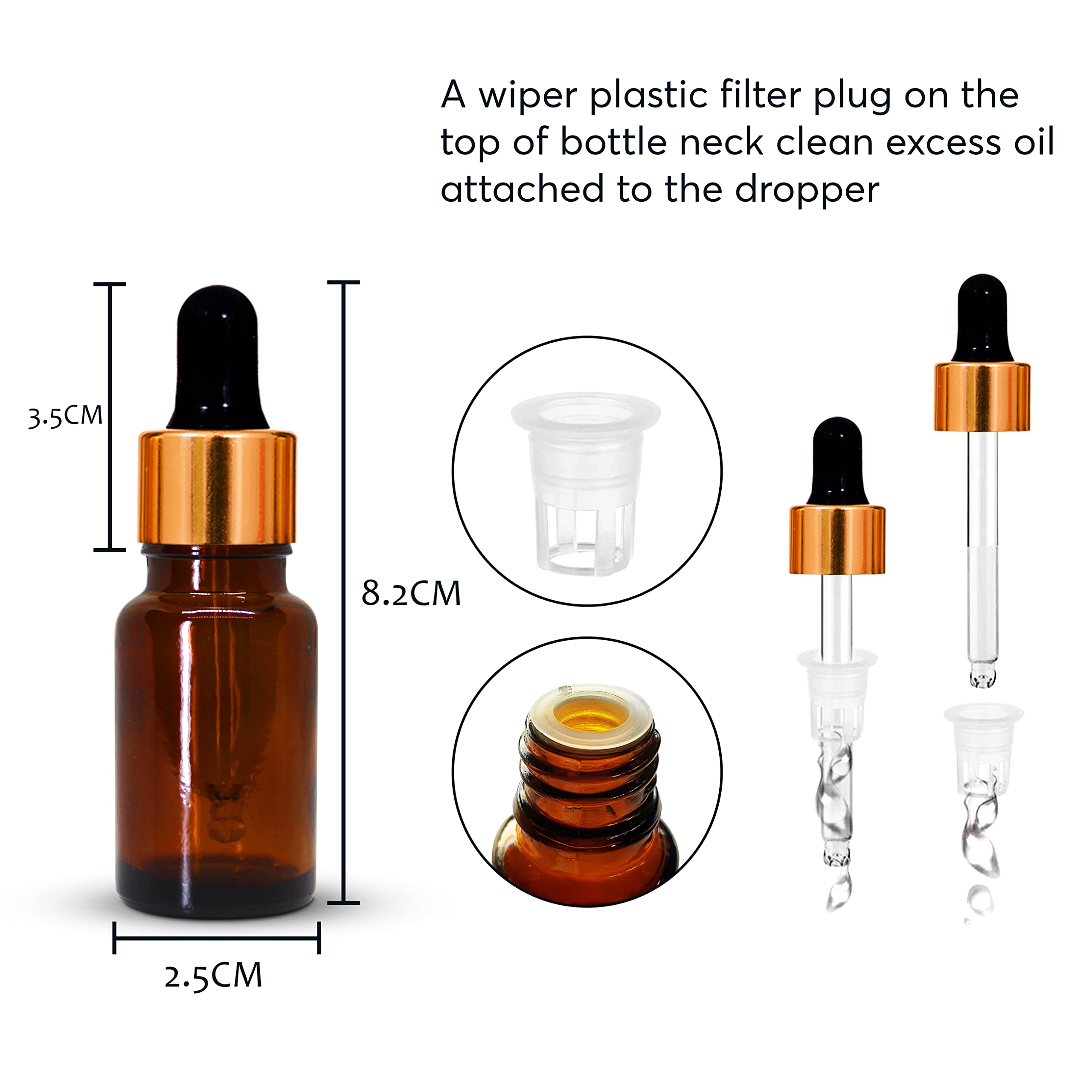 NSB Herbals 10ml Amber Round Empty Glass Bottle with Glass Dropper, Gold Ring & Black Silicone Teat - Leak Proof, Refillable for Essential Oils, DIY Perfumes, Aromatherapy (Pack of 3) - Perfect for Travel, Home Use & Gift Sets