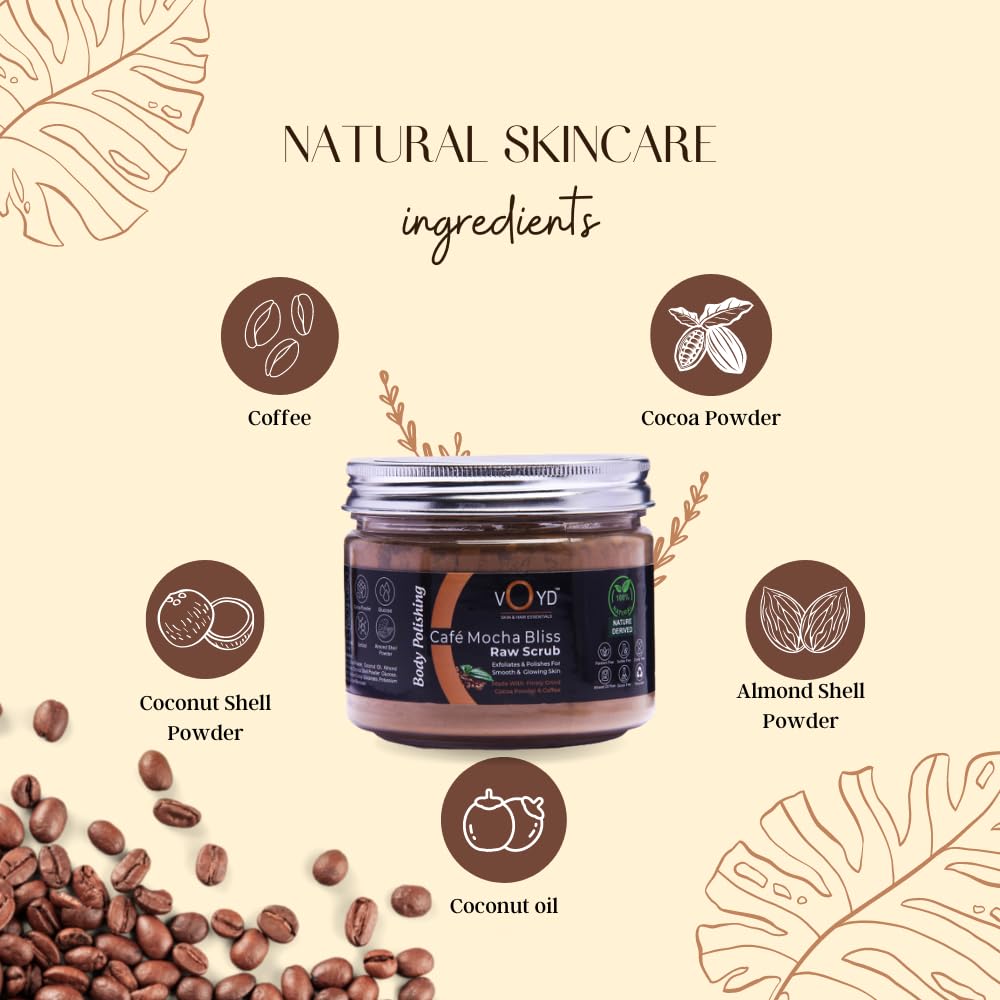 Organic VOYD Raw Coffee & Cocoa Body Scrub - Natural Exfoliator for Smooth, Glowing Skin | Paraben & Silicone Free Tan Removal Scrub for Men & Women | Includes Wooden Scoop (150g) | Perfect for Spa Day, Post-Workout Refresh & At-Home Skincare Routine