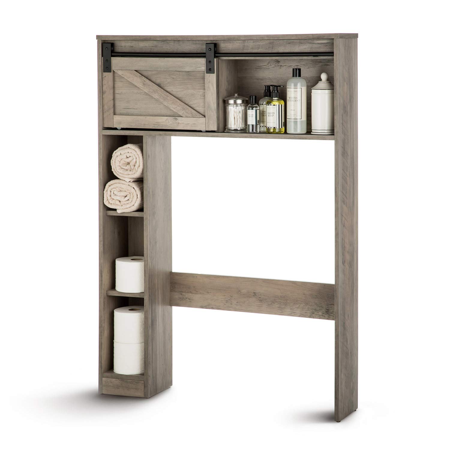 Landia Home Over the Toilet Storage Organizer - Modern Farmhouse Bathroom Shelf with Smooth Gliding Barn Door for Quick Access | Space-Saving Bathroom Organization for Towels, Toiletries & Decor