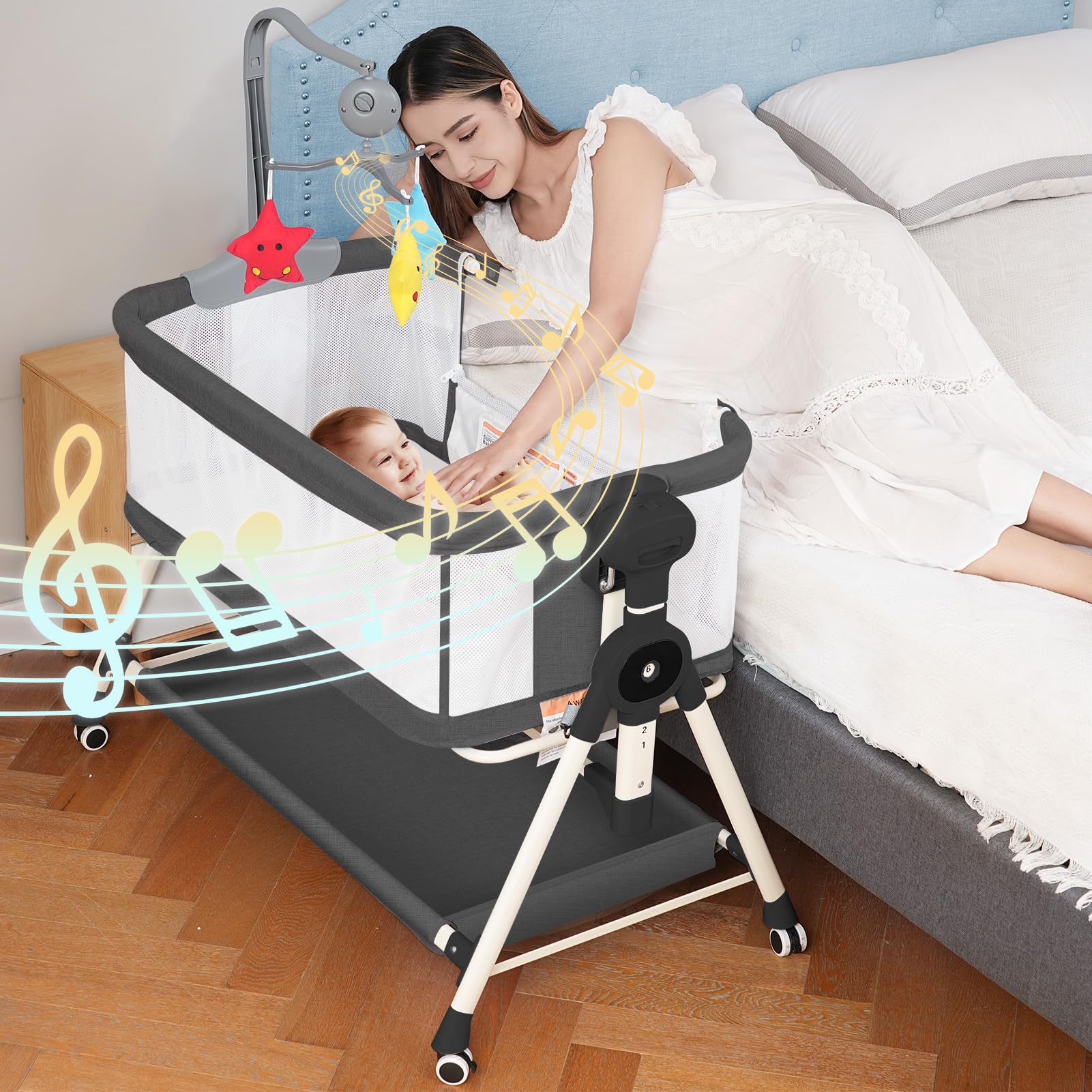 **3-in-1 Adjustable Baby Bassinet with Musical Toys, Storage Basket & Wheels – Portable Rocking Crib for Newborns – Bedside Sleeper for Nursery & Travel (Black)**    *(Perfect for Co-Sleeping, Nighttime Feeding & On-the-Go Parents)*